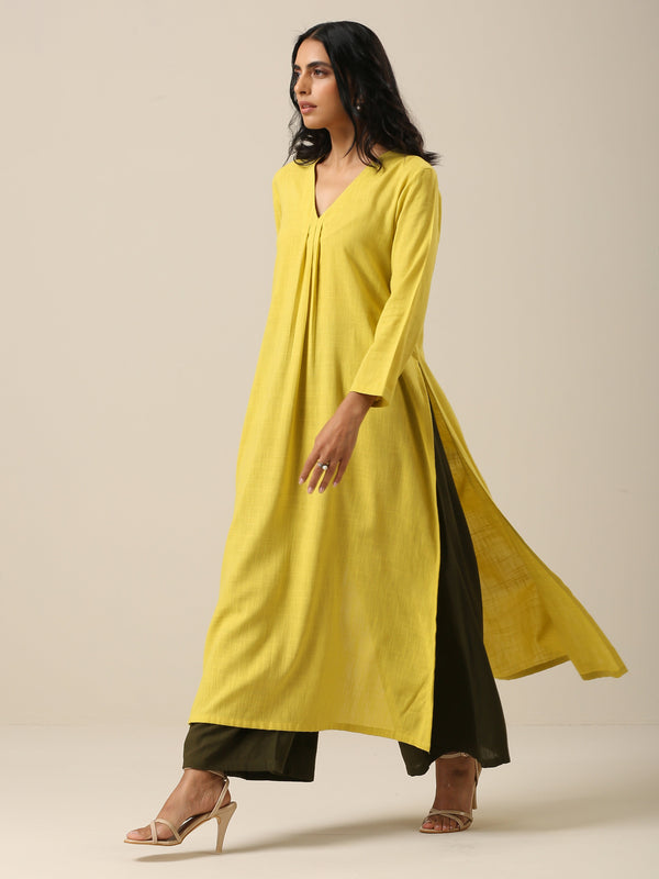 trueBrowns Lime Slub Texture Slit Kurta Palazzo Set - Distacart
