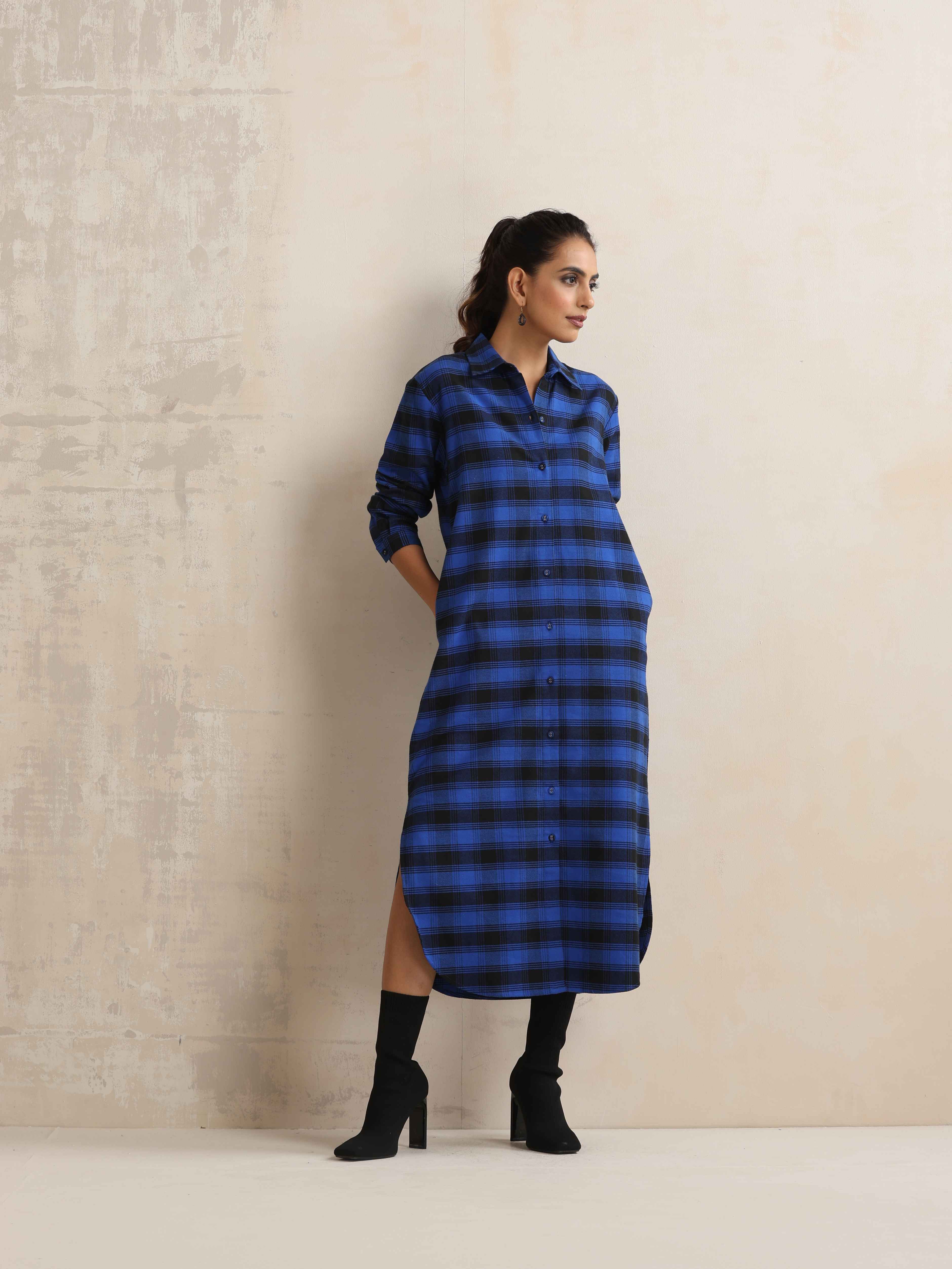 trueBrowns Blue Check Winter Shirt Dress - Distacart