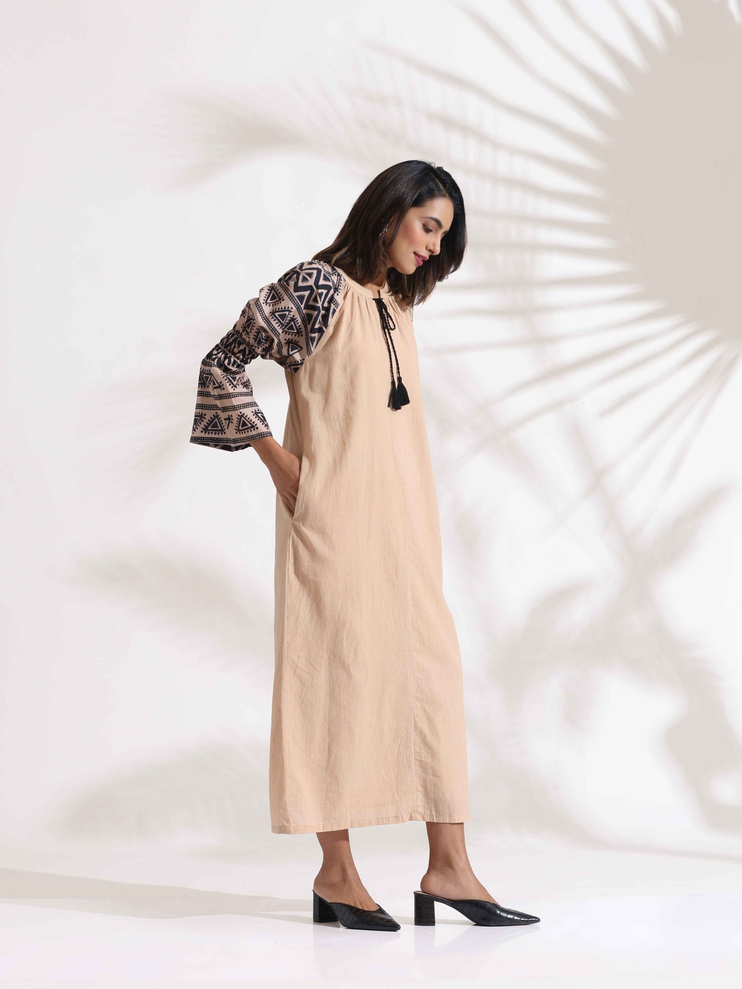 trueBrowns Beige Cotton Print Long Dress - Distacart