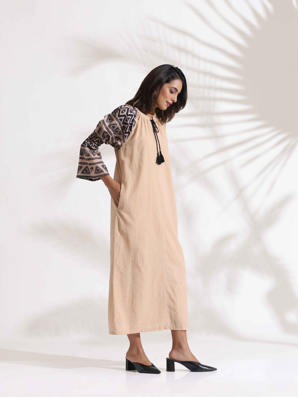 trueBrowns Beige Cotton Print Long Dress