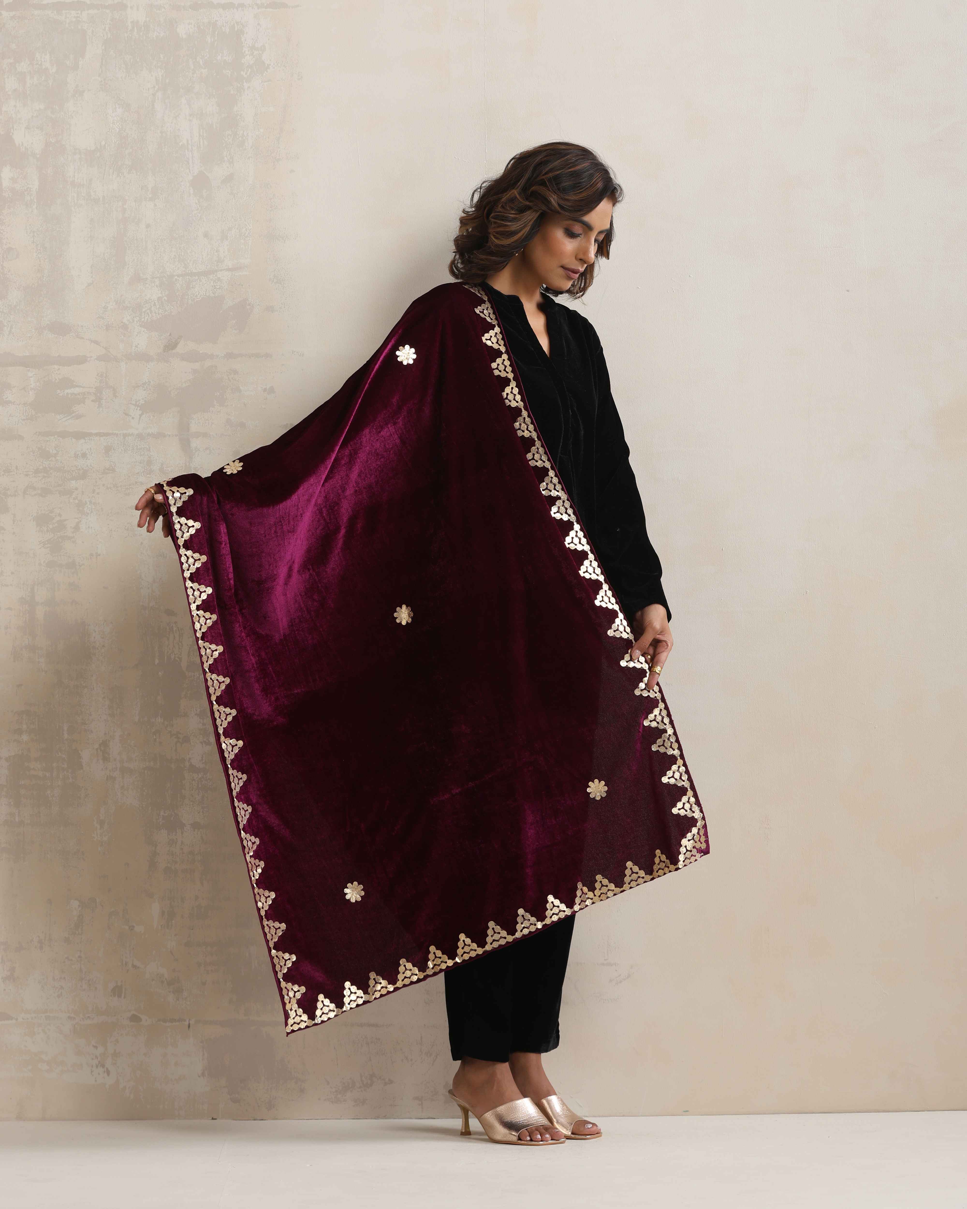 trueBrowns Wine Velvet Gota Patti Stole - Distacart