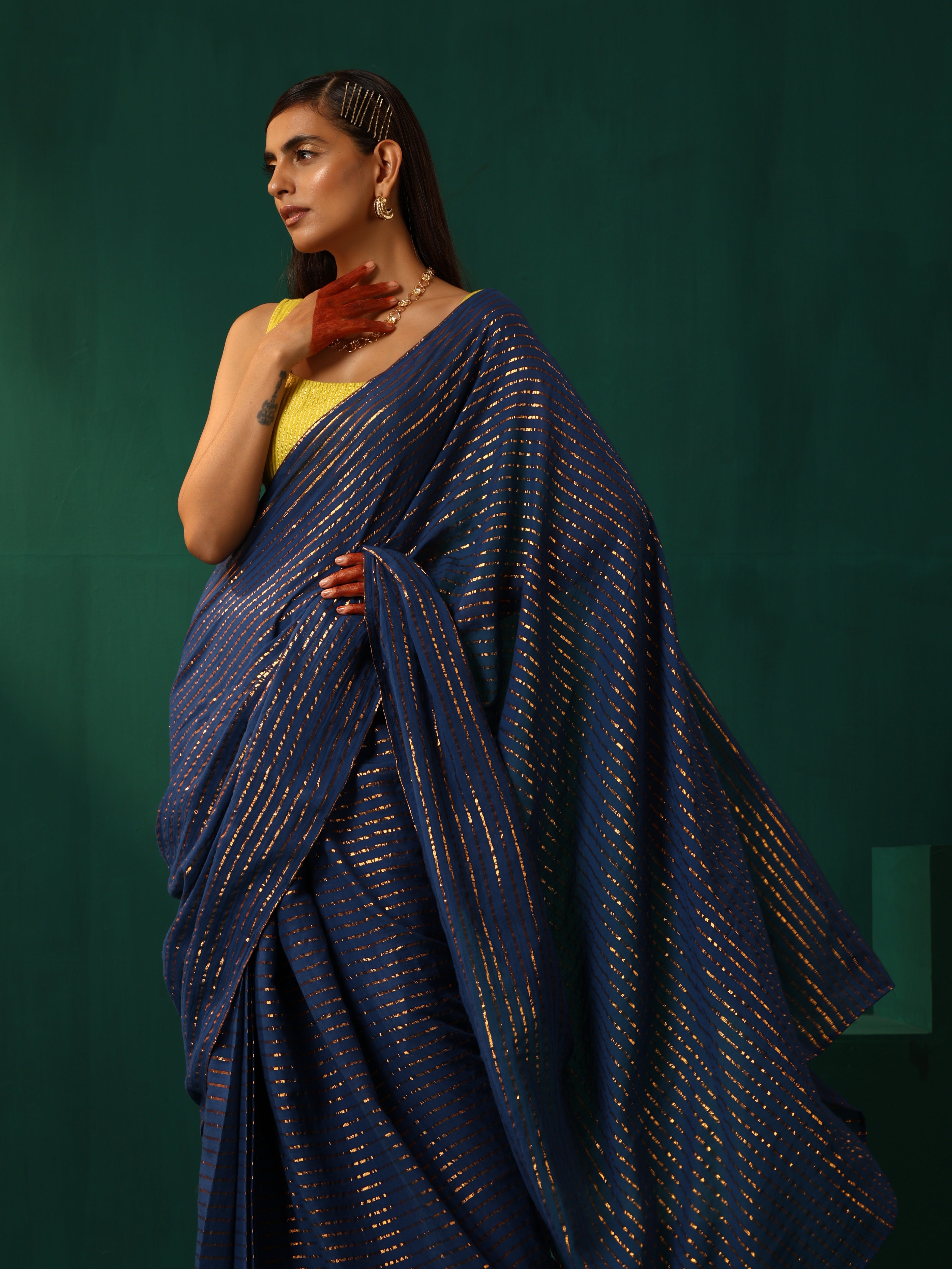 trueBrowns Royal Blue Cotton Gold Lurex Striped Ready to Wear Saree - Distacart