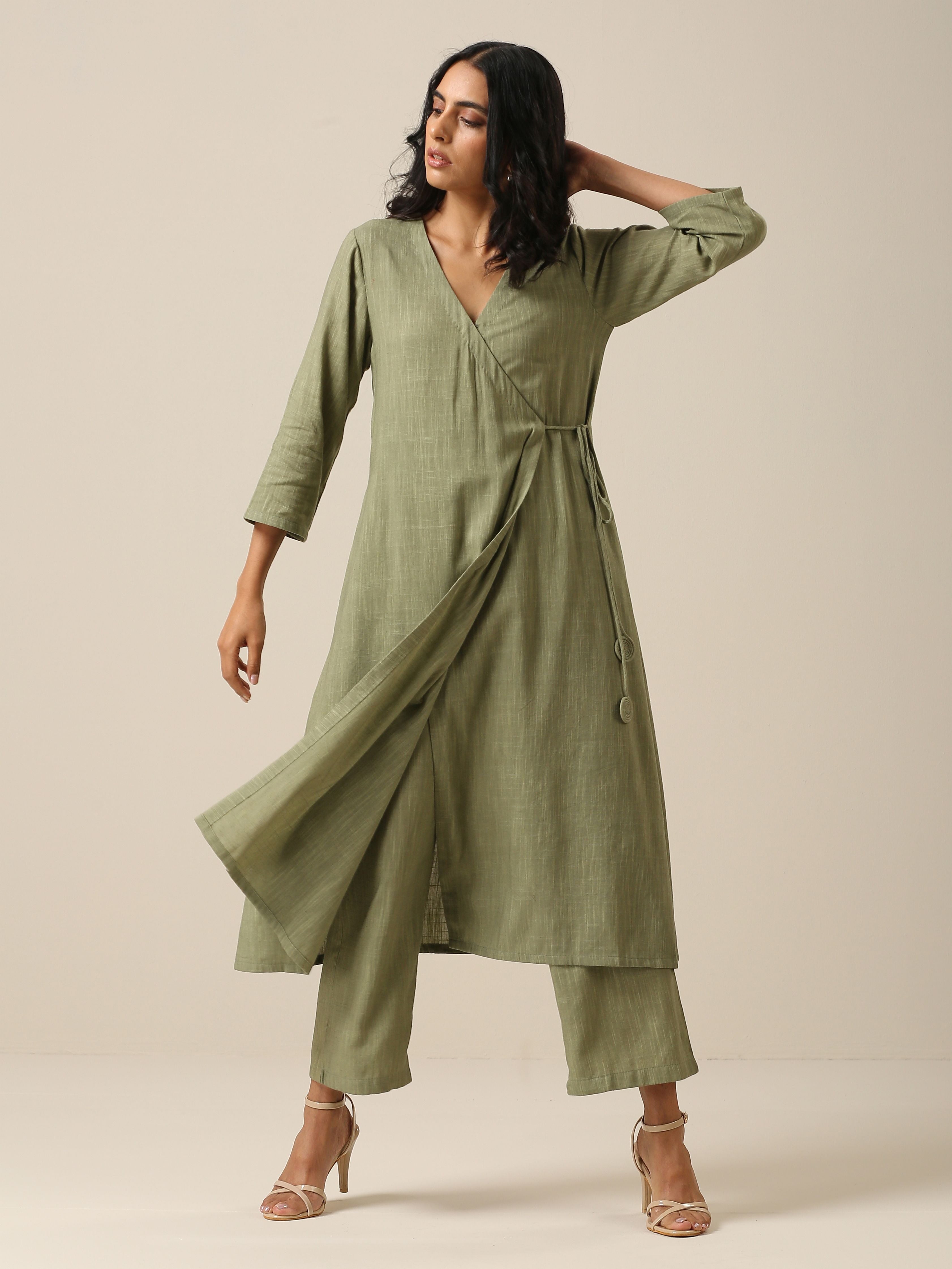 trueBrowns Sage Slub Texture Angrakha Pant Set | Relove - Distacart