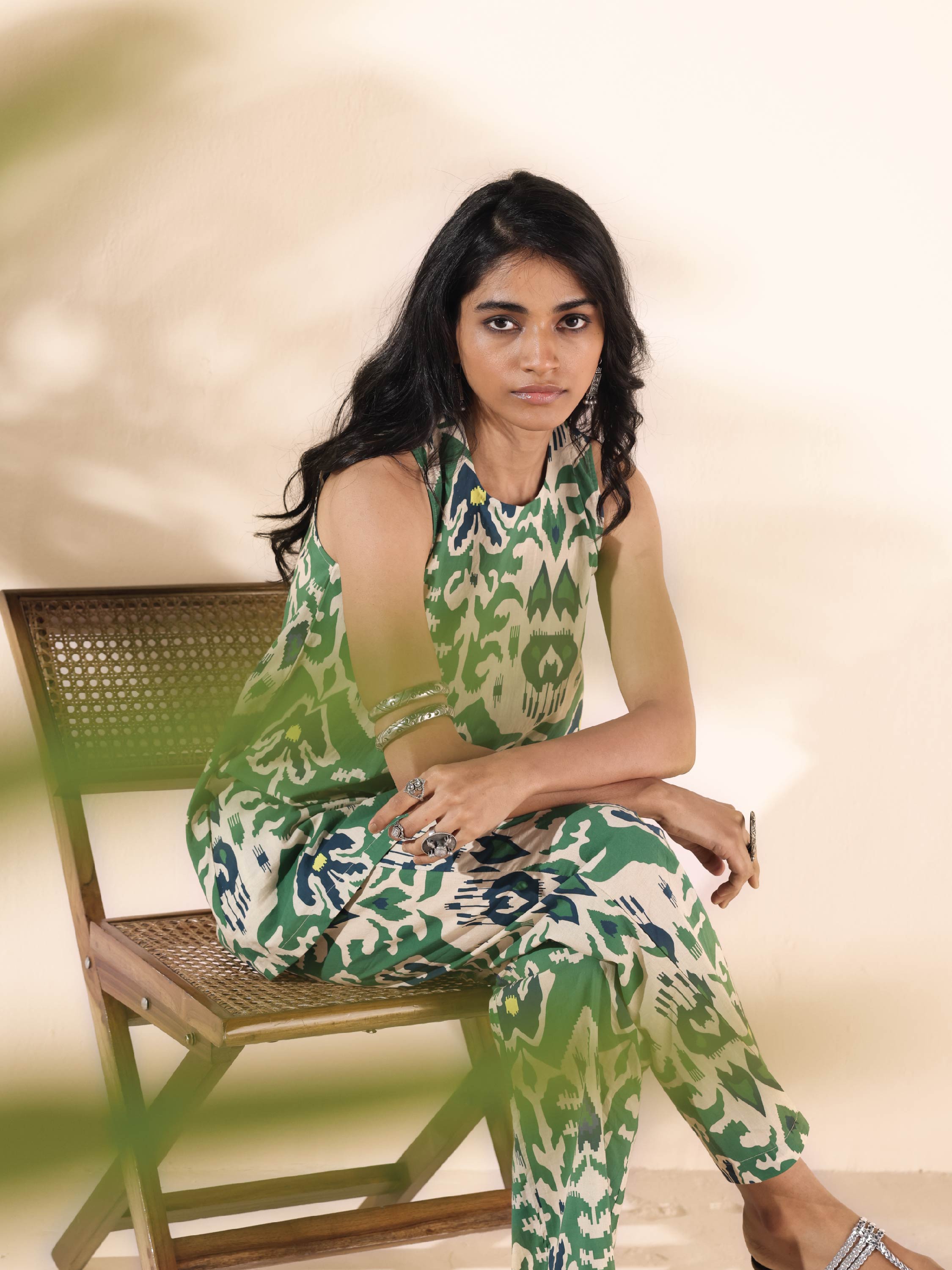trueBrowns Green Cotton Ikat Sleeveless Co-ord Set - Distacart