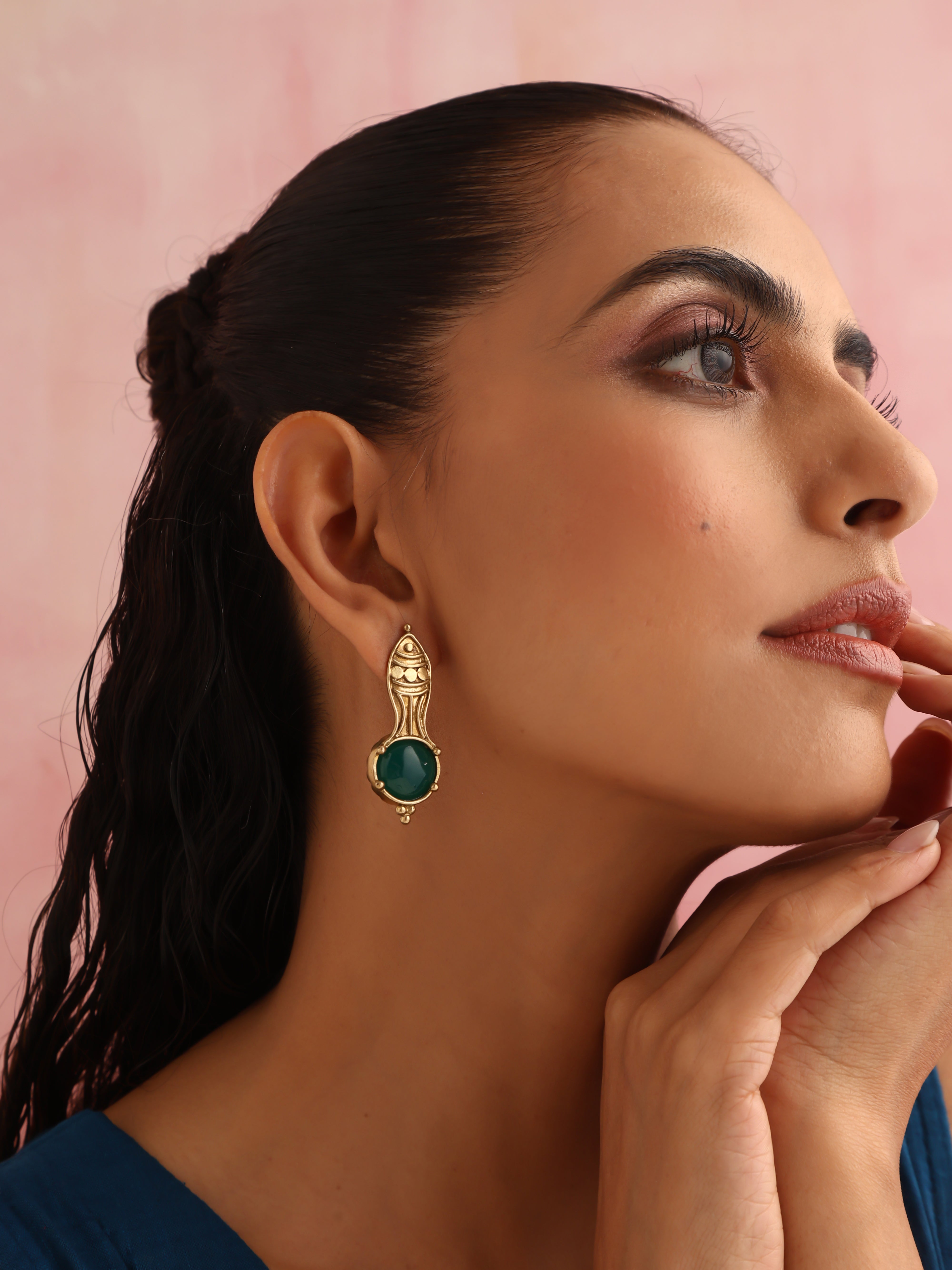 trueBrowns Brass Green Stone Abstarct Earrings - Distacart