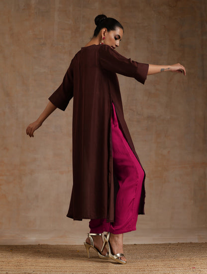trueBrowns Cola Brown Modal Satin Neck Pleat Kurta Set - Distacart
