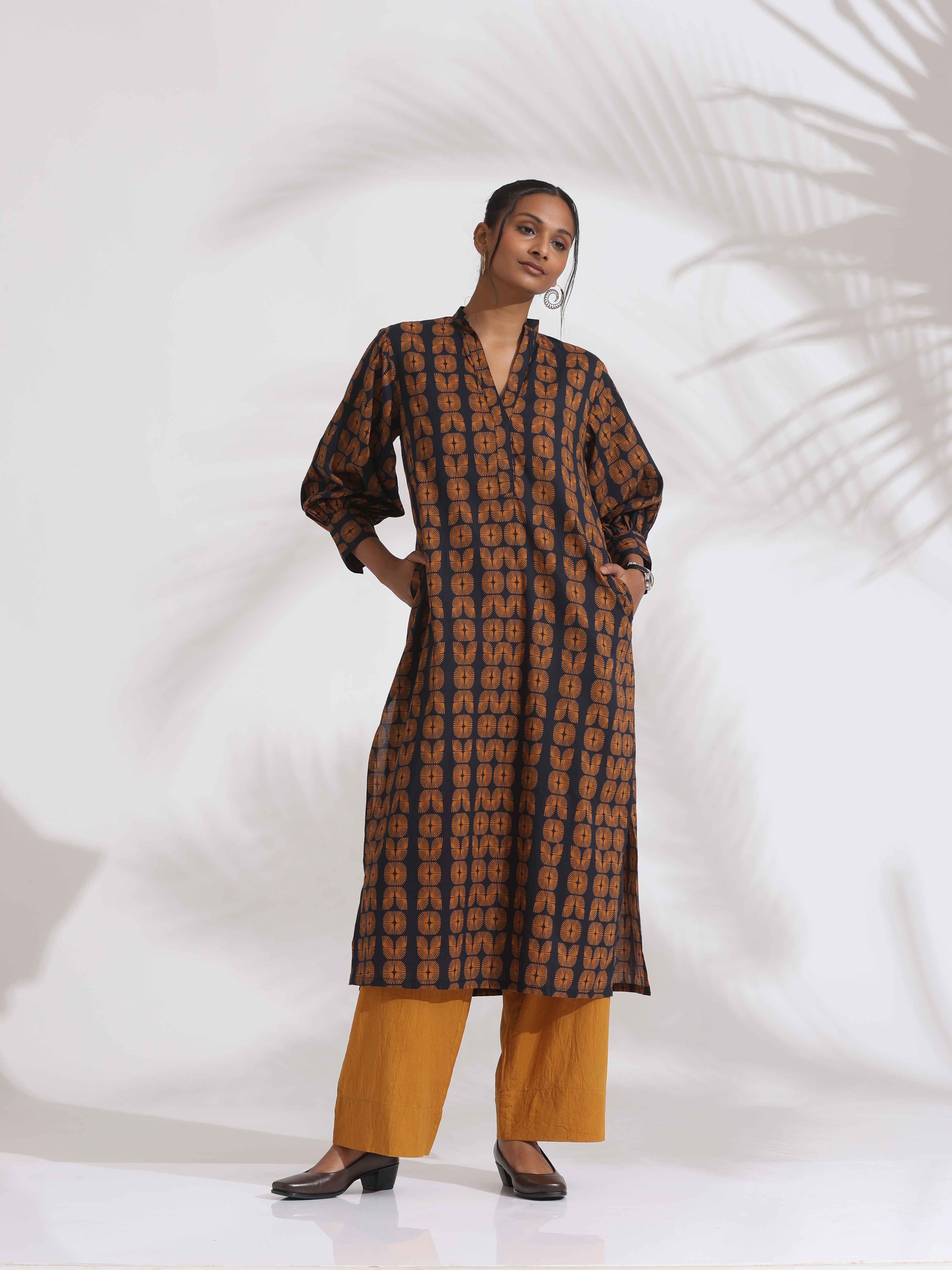 trueBrowns Black Cotton Print Straight Kurta Set - Distacart