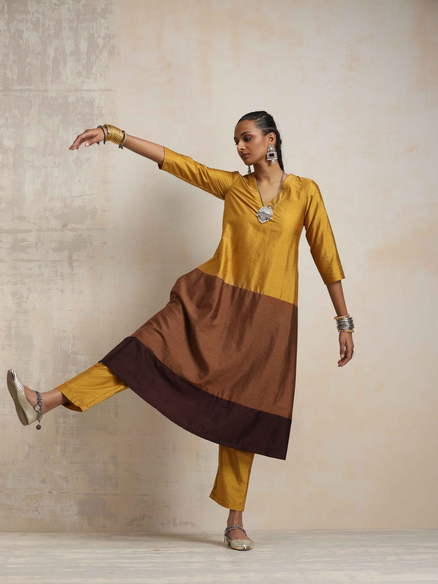 trueBrowns Gold Brown Silk A-line Kurta Set - Distacart