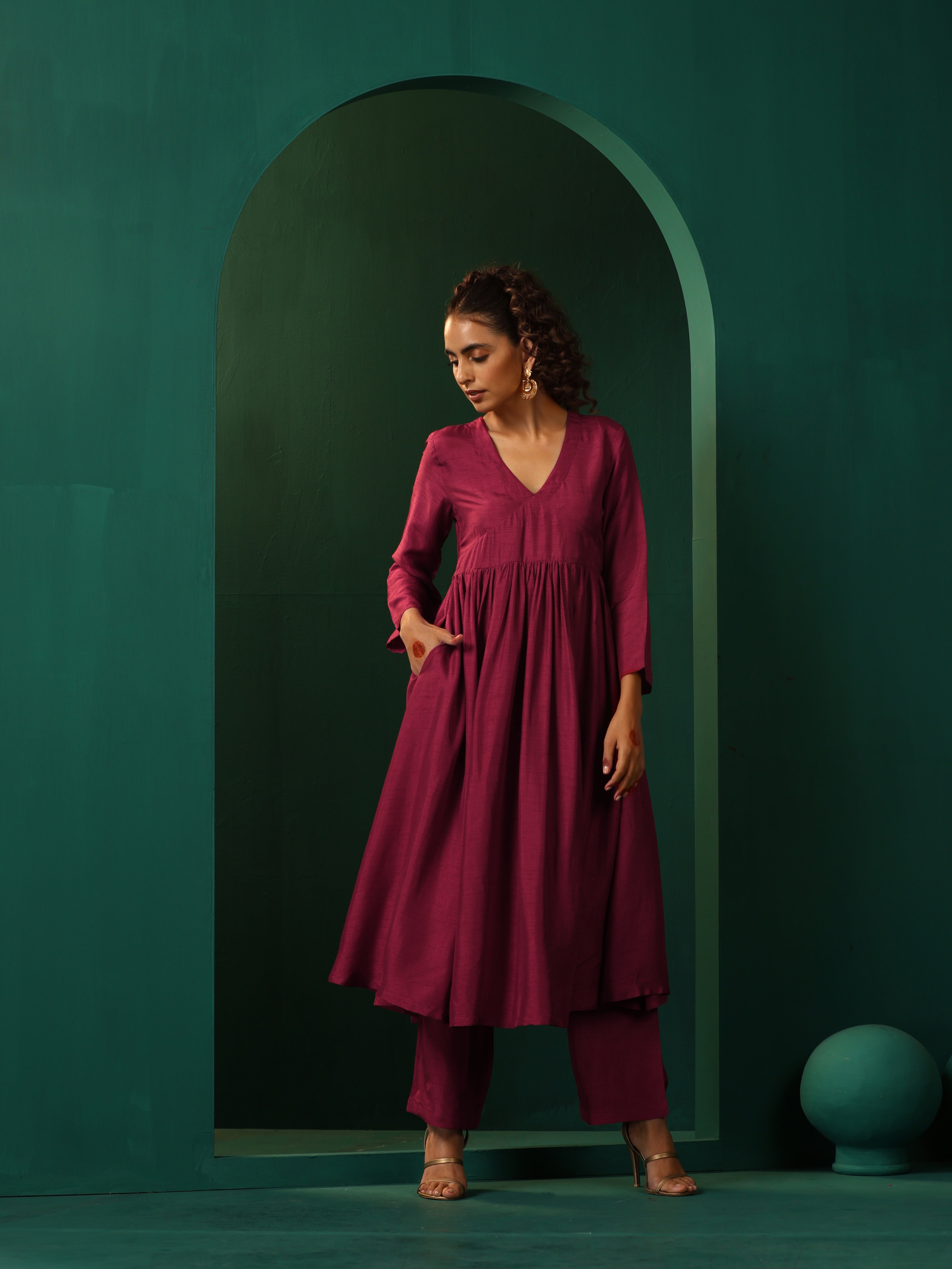 trueBrowns Maroon Silk Angrakha Kurta Pant Set - Distacart