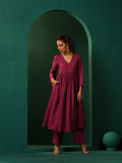 trueBrowns Maroon Silk Angrakha Kurta Pant Set - Distacart