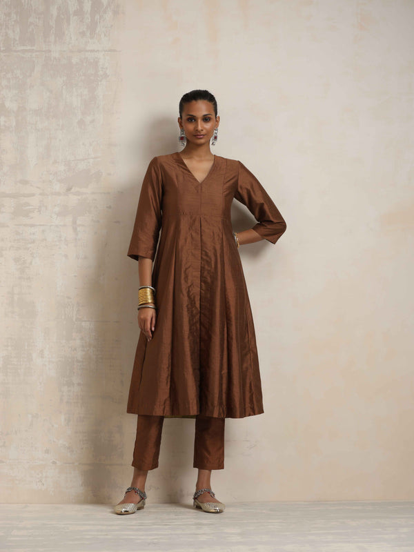 trueBrowns Brown Silk Slit Kurta Set - Distacart