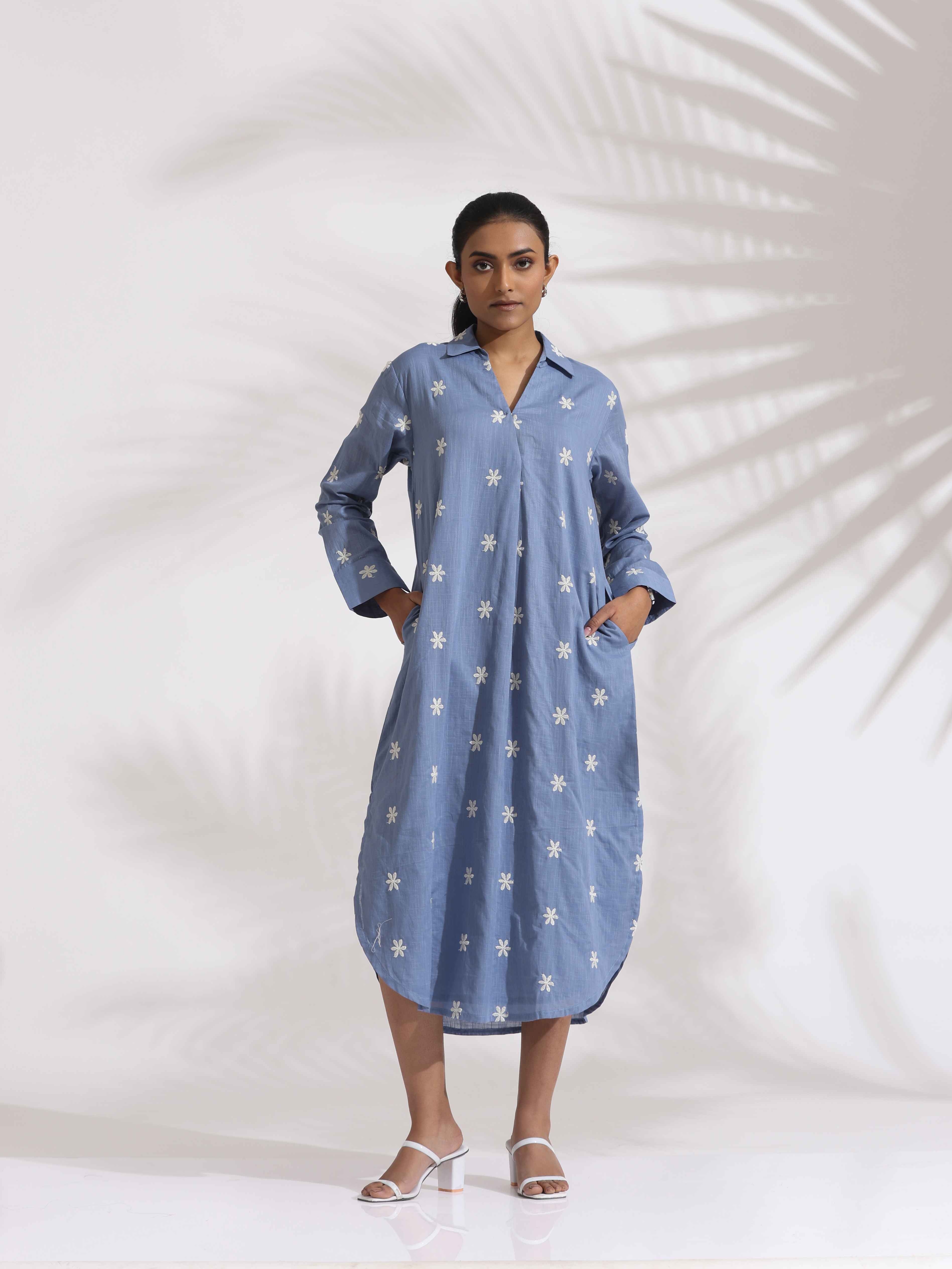 trueBrowns Blue Cotton Floral Embroidered Dress - Distacart