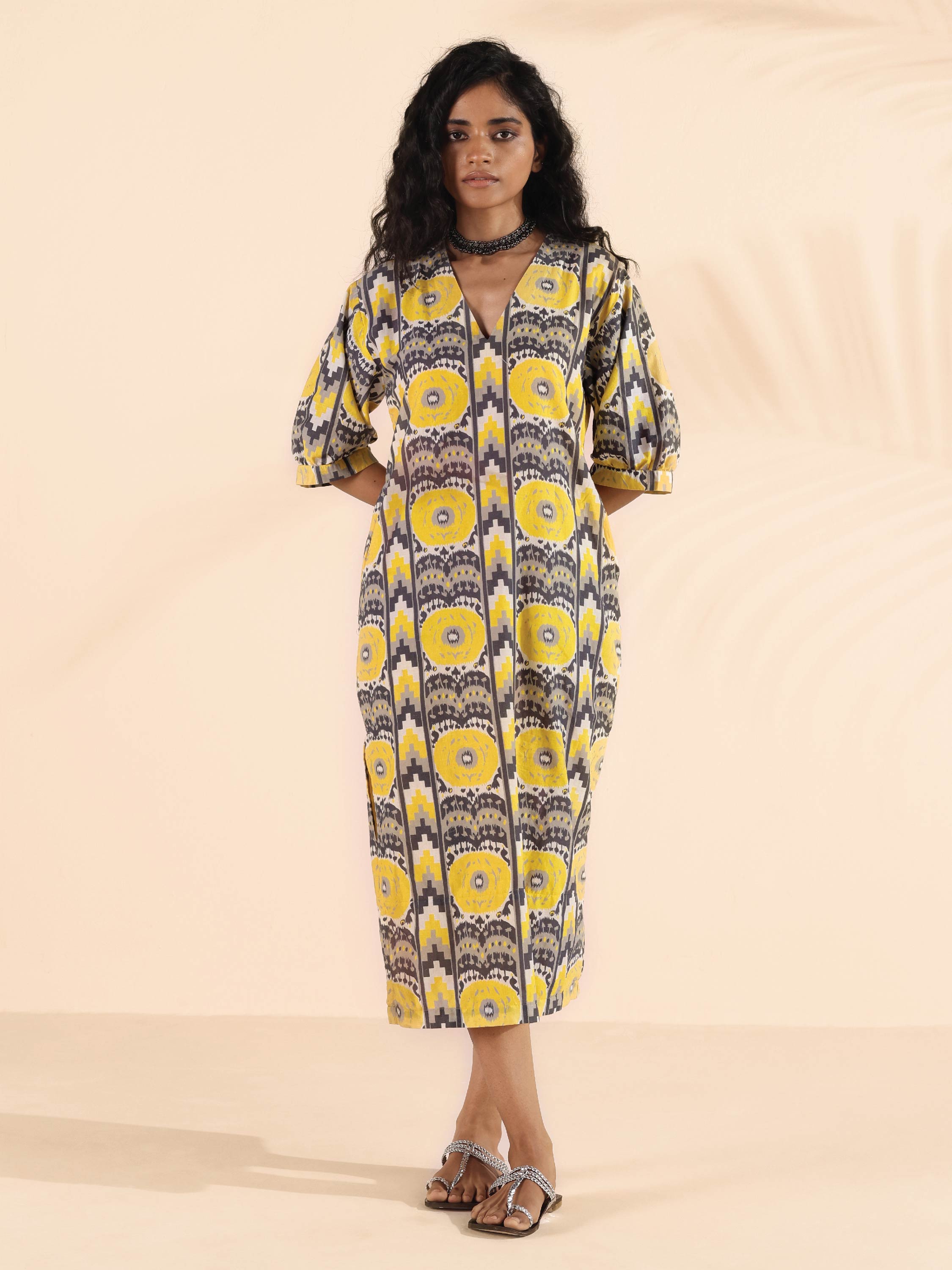 trueBrowns Yellow Cotton Ikat Slit Dress - Distacart