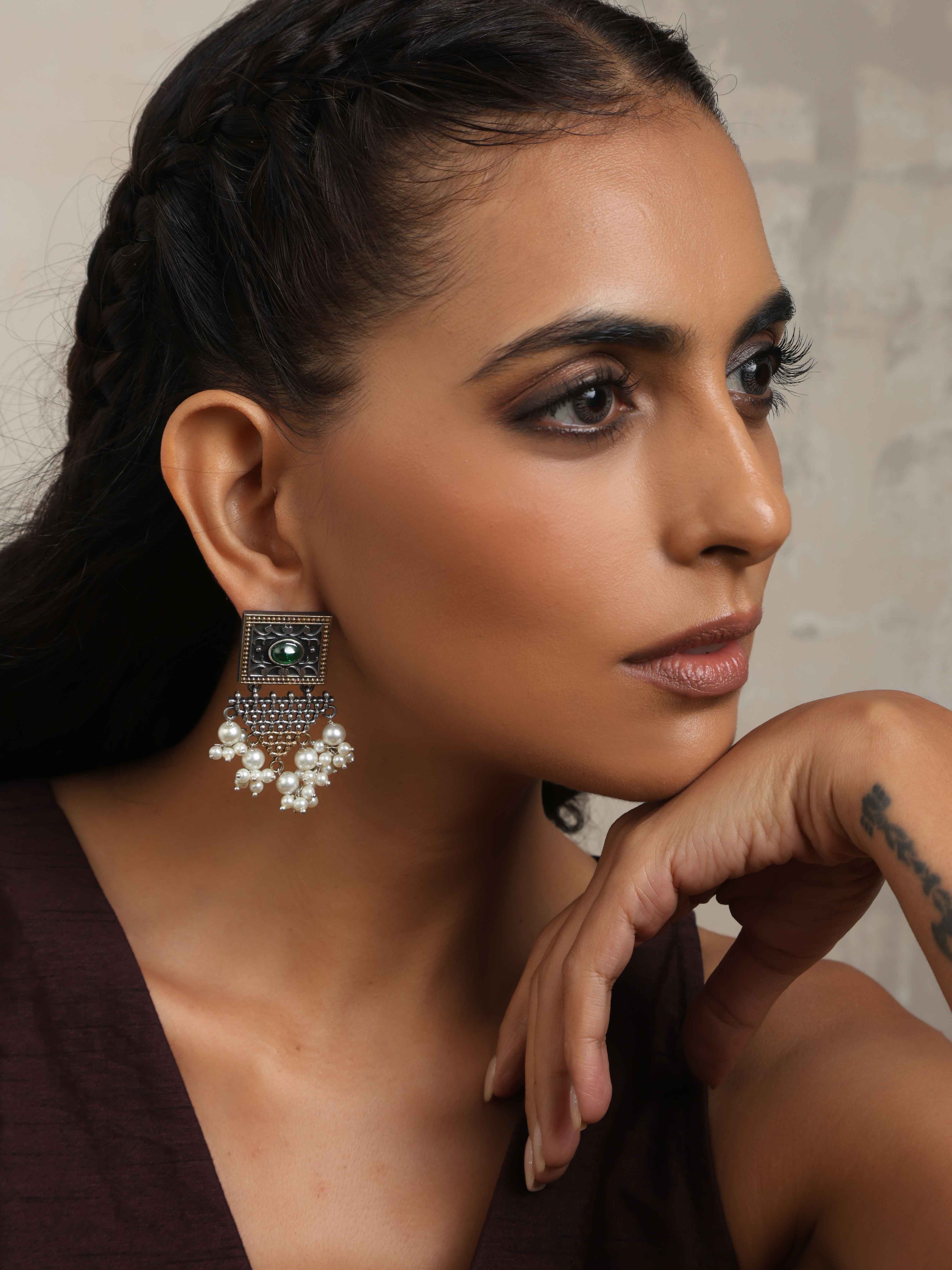 trueBrowns Silver Gold Tone Floral Silver Jaal Dangle Earrings - Distacart