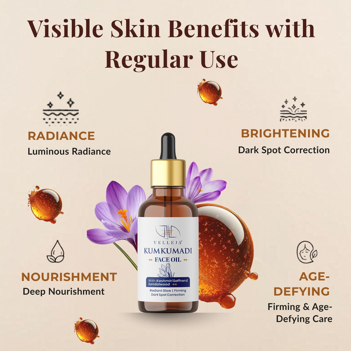 Velleja Kumkumadi Face Oil with Kashmiri Saffron & Sandalwood | Ayurvedic Anti Aging Face Serum for Brightening, Dark Spots & Pigmentation - Dista