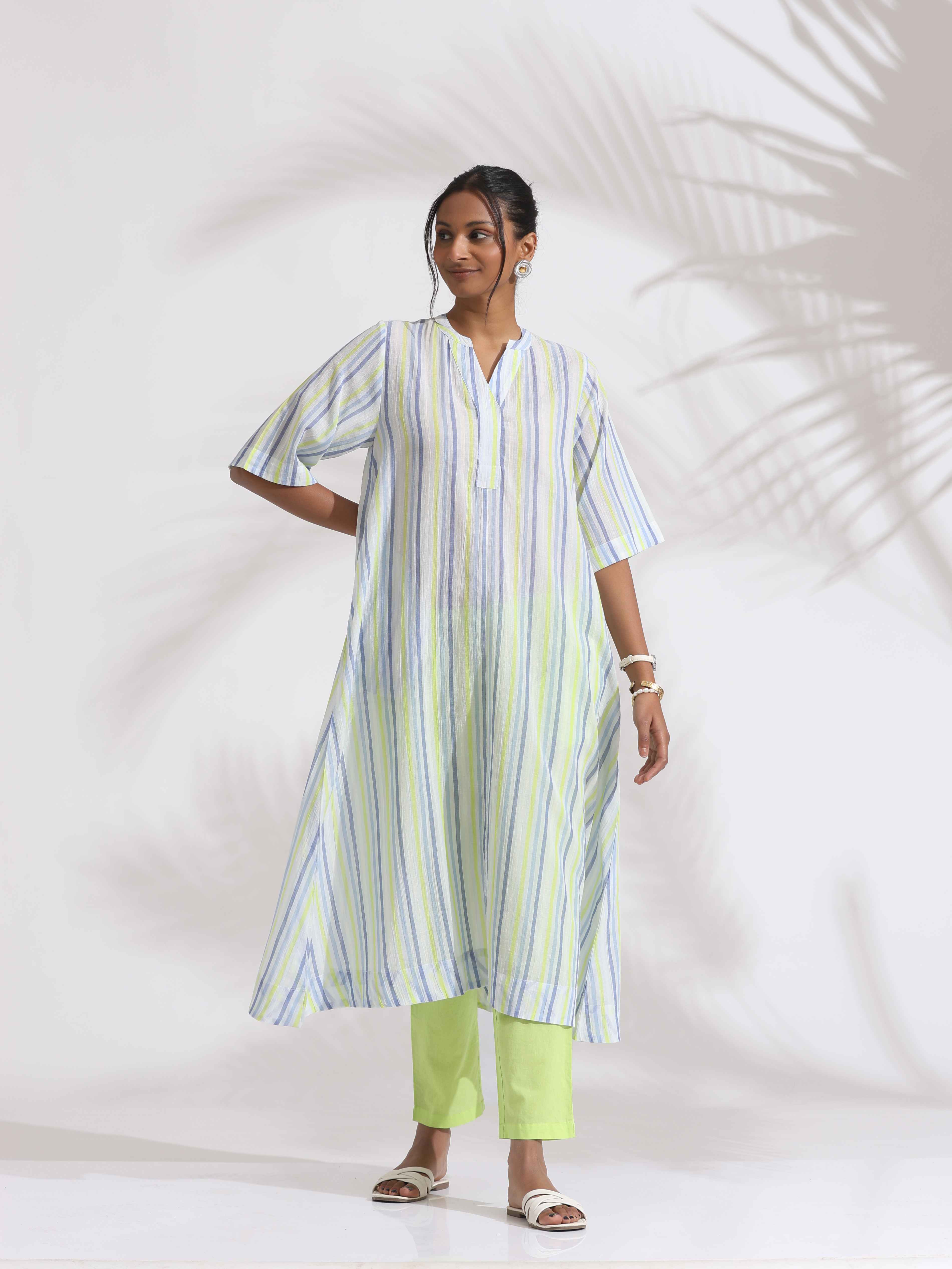 trueBrowns White Cotton Multi Stripe Flared Kurta Set - Distacart