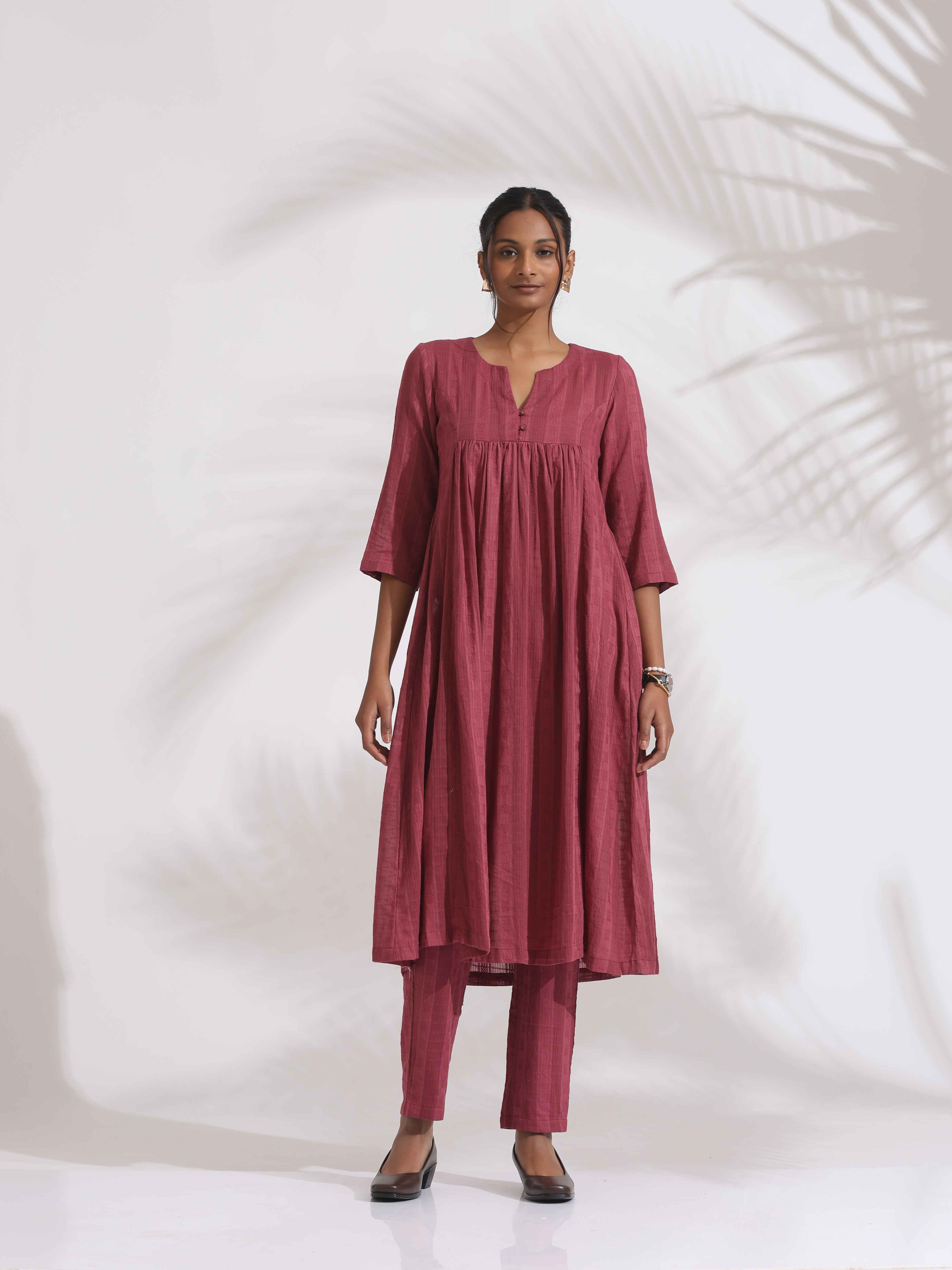 trueBrowns Maroon Cotton Flared Kurta Set - Distacart