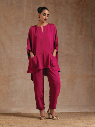 trueBrowns Pink Modal Satin Boxy Fit High-Low Co-Ord Set - Distacart