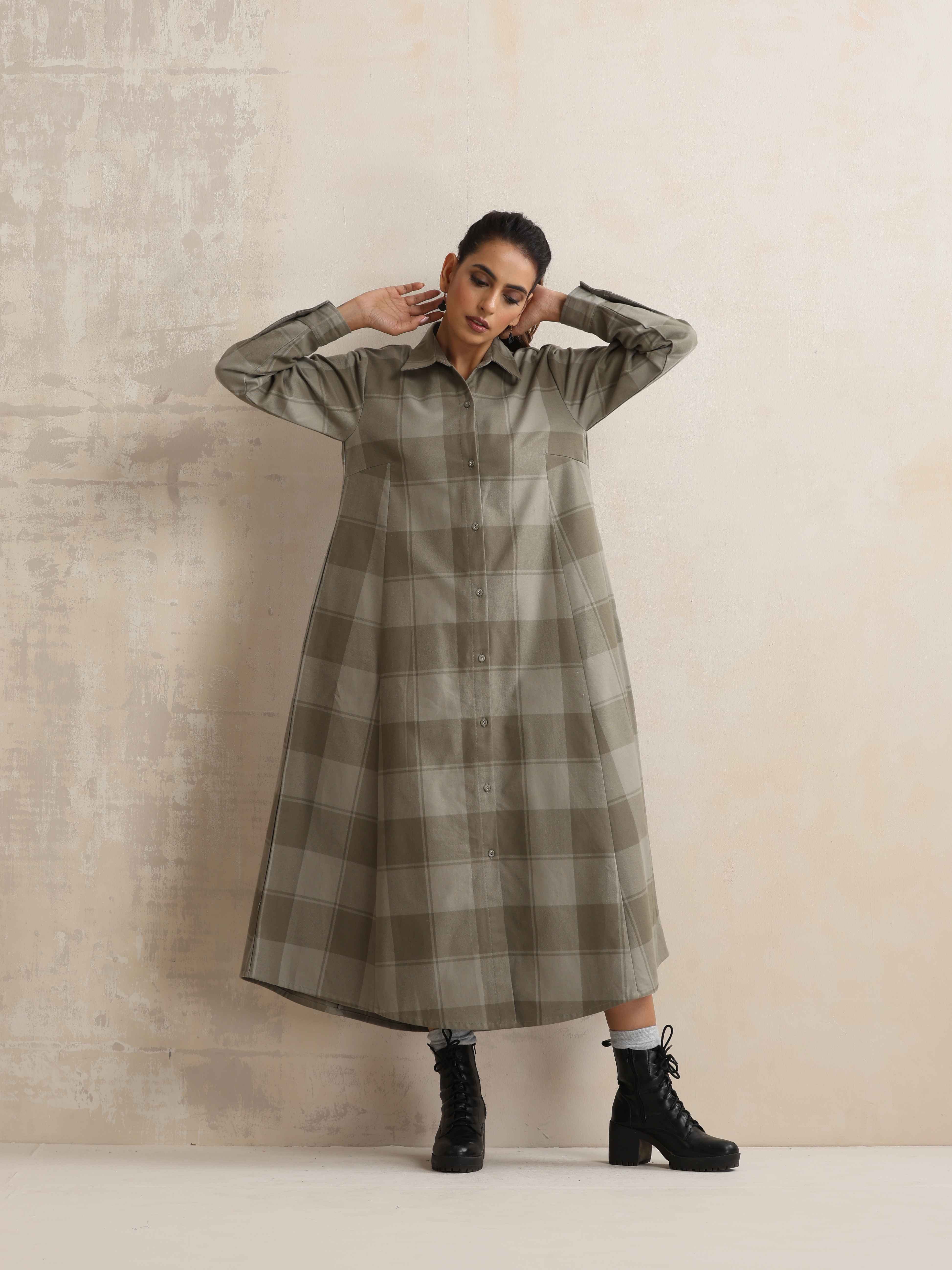 trueBrowns Green Check Flared Winter Dress - Distacart