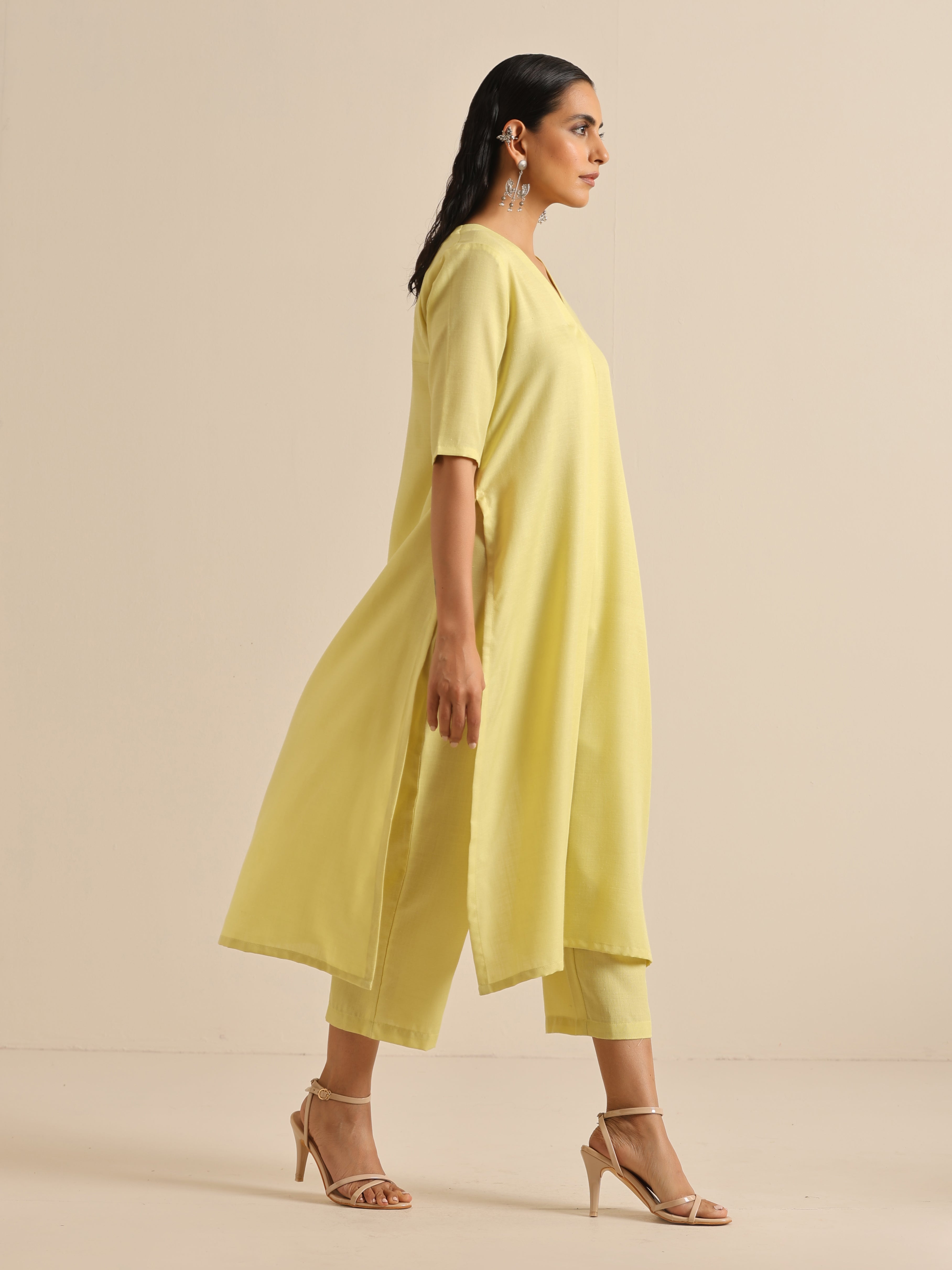 trueBrowns Spark Green Slub High Slit Kurta Pant Set - Distacart