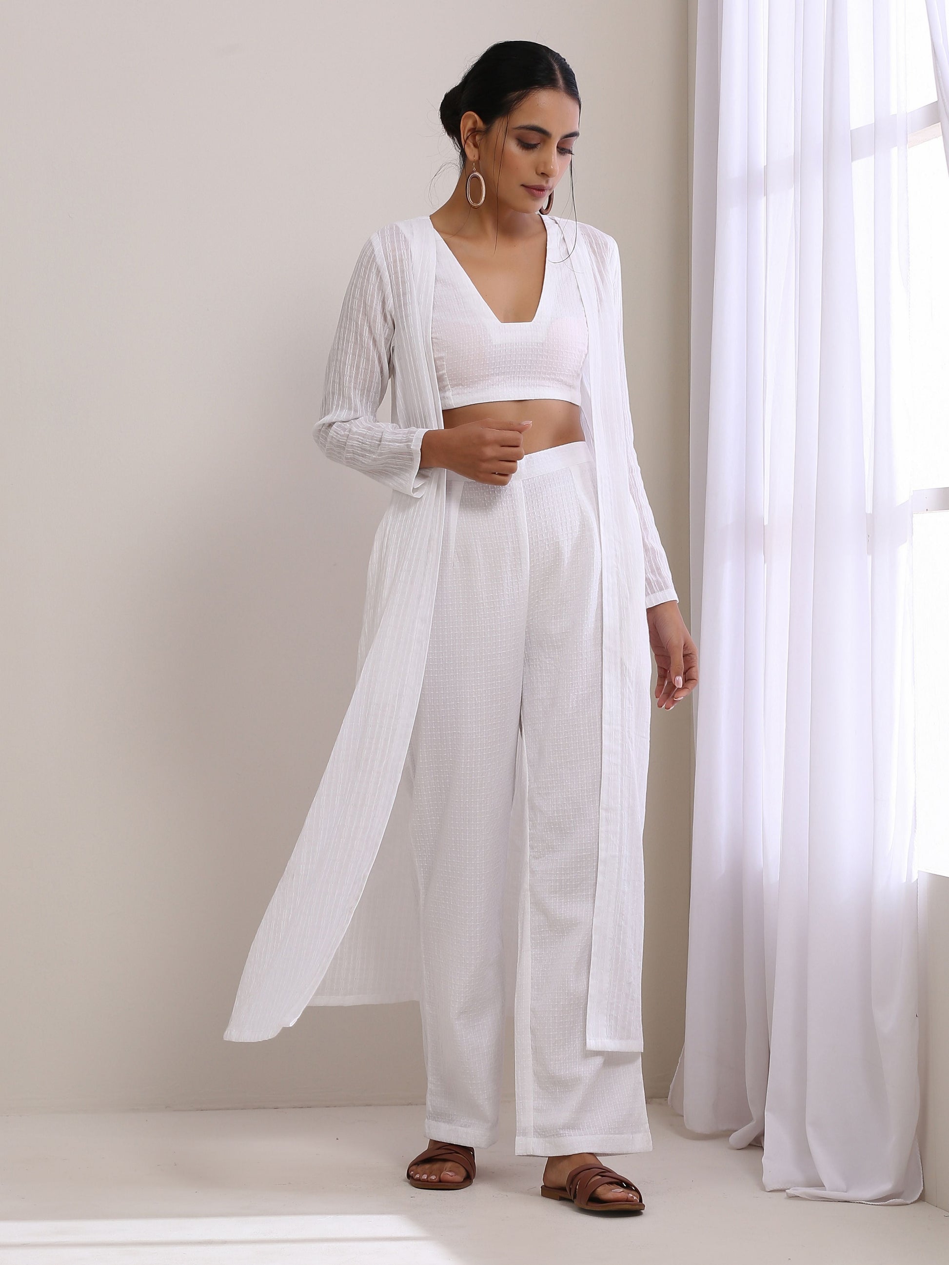 trueBrowns White Dobby Overlay Jacket Blouse Pant Set - Distacart