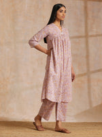 Thumbnail for trueBrowns Grey Overall Floral Block Print Cotton Flared Slit Kurta Pant Set | Relove