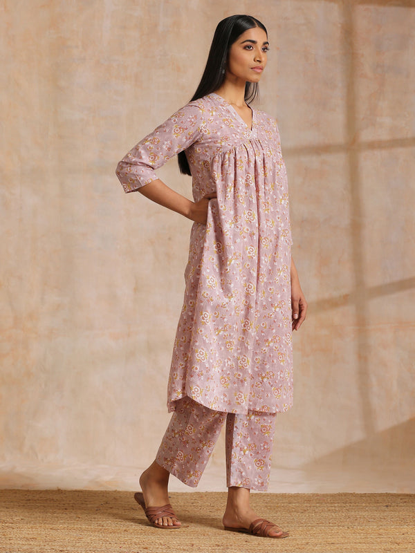 trueBrowns Grey Overall Floral Block Print Cotton Flared Slit Kurta Pant Set | Relove