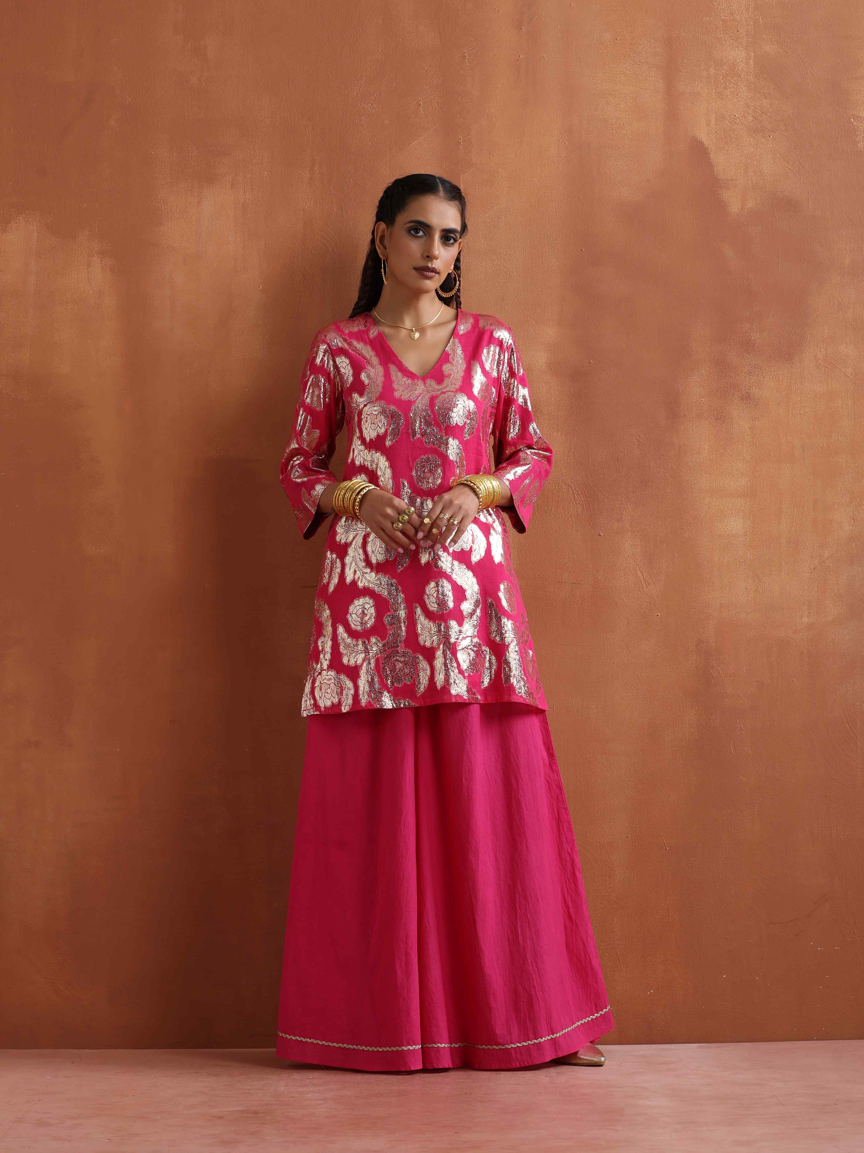 trueBrowns Pink Metallic Sharara Set - Distacart