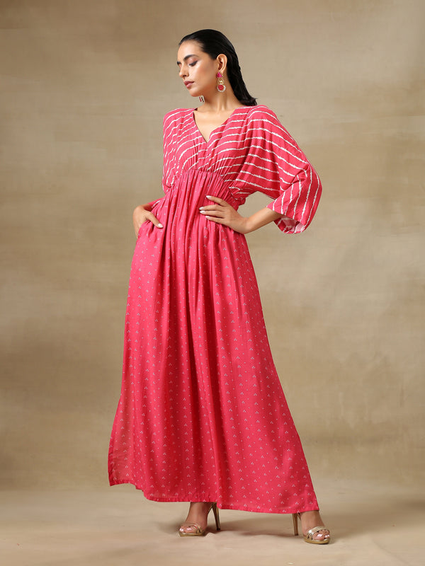 trueBrowns Pink Bandhani Printed Silk Drop Shoulder Dress - Distacart