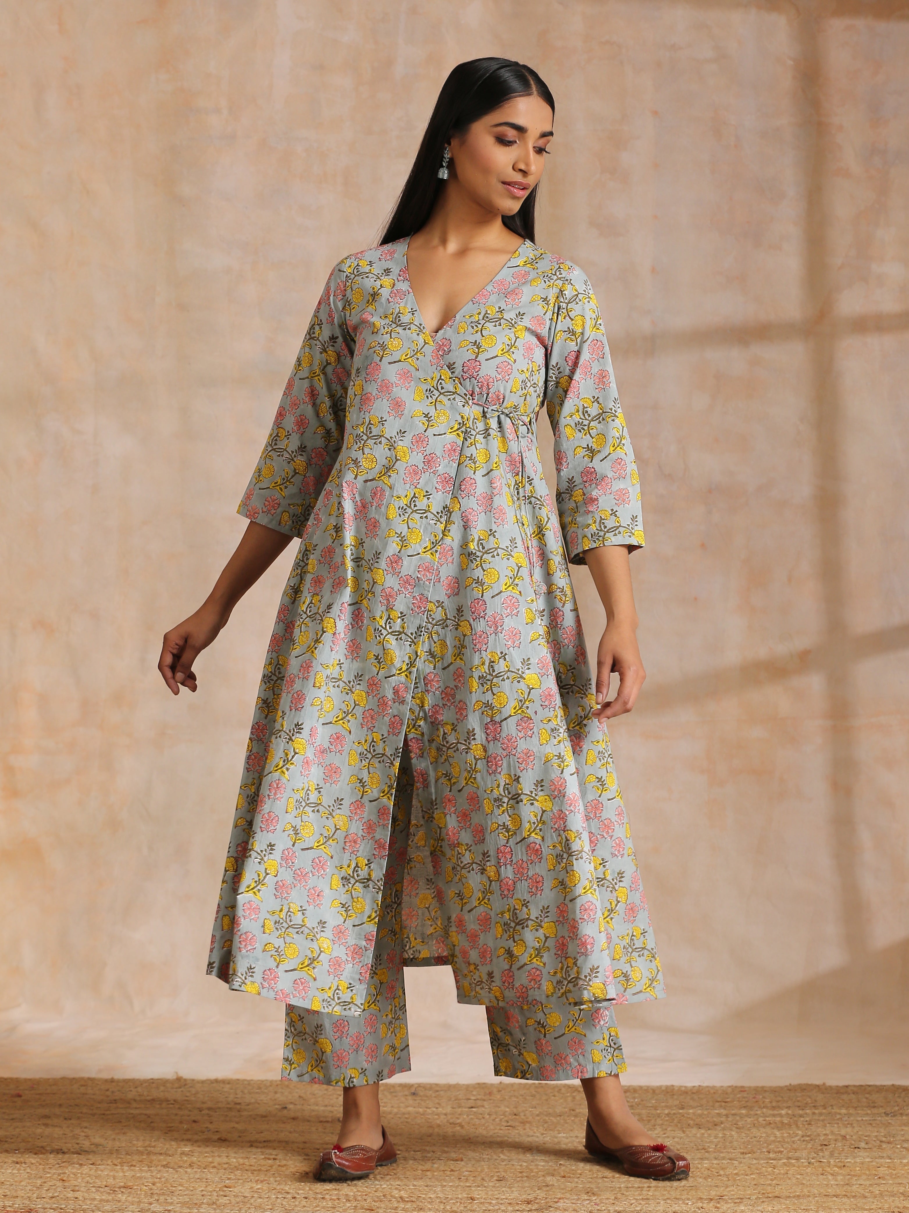 trueBrowns Grey Overall Floral Block Print Cotton Angrakha Kurta Pant Set - Distacart