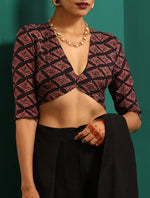 Thumbnail for trueBrowns Black Muslin Silk Diamond Printed Deep V-Neck Blouse - Distacart
