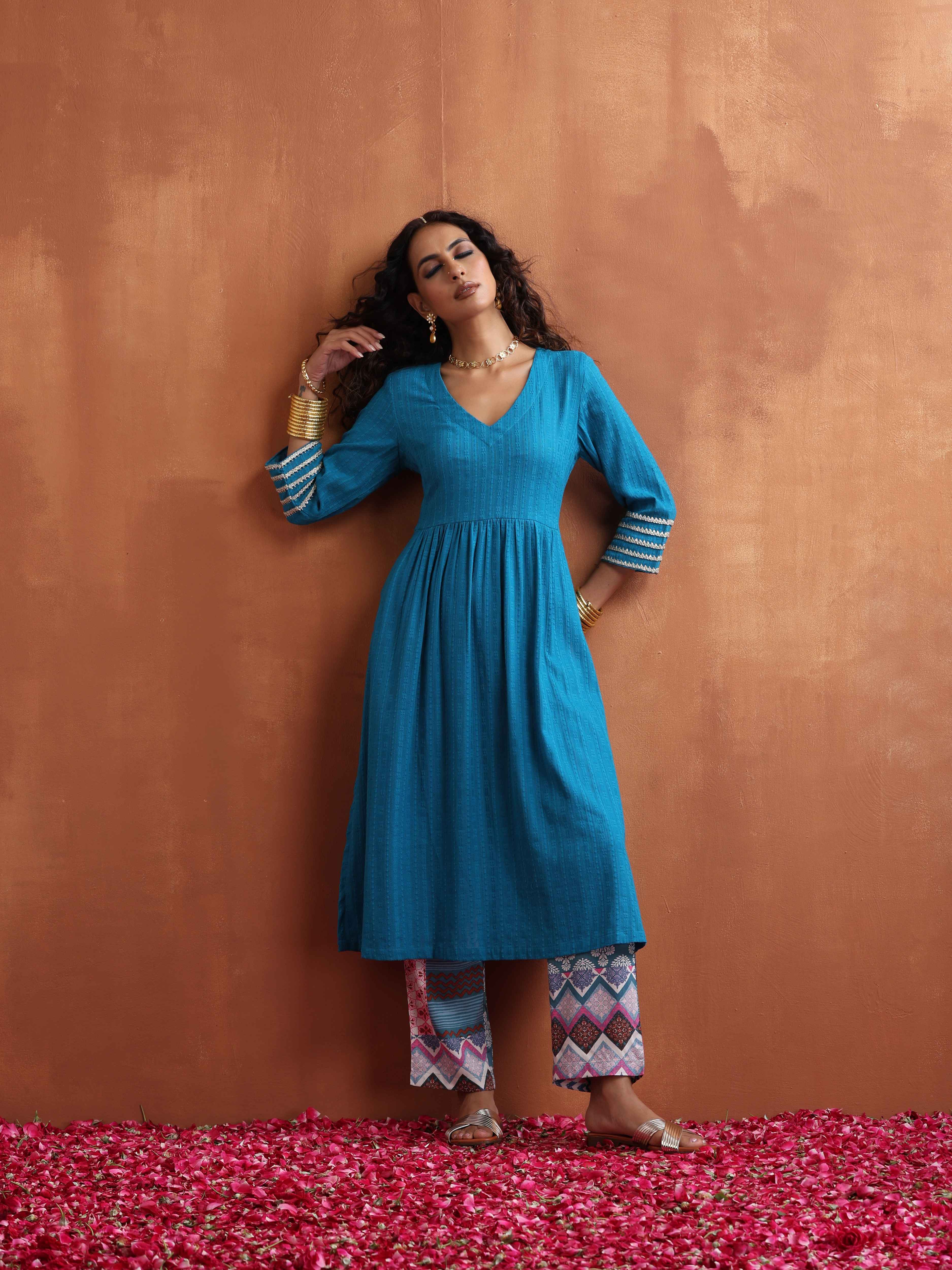 trueBrowns Blue Cotton Flared Anarkali Kurta Set - Distacart