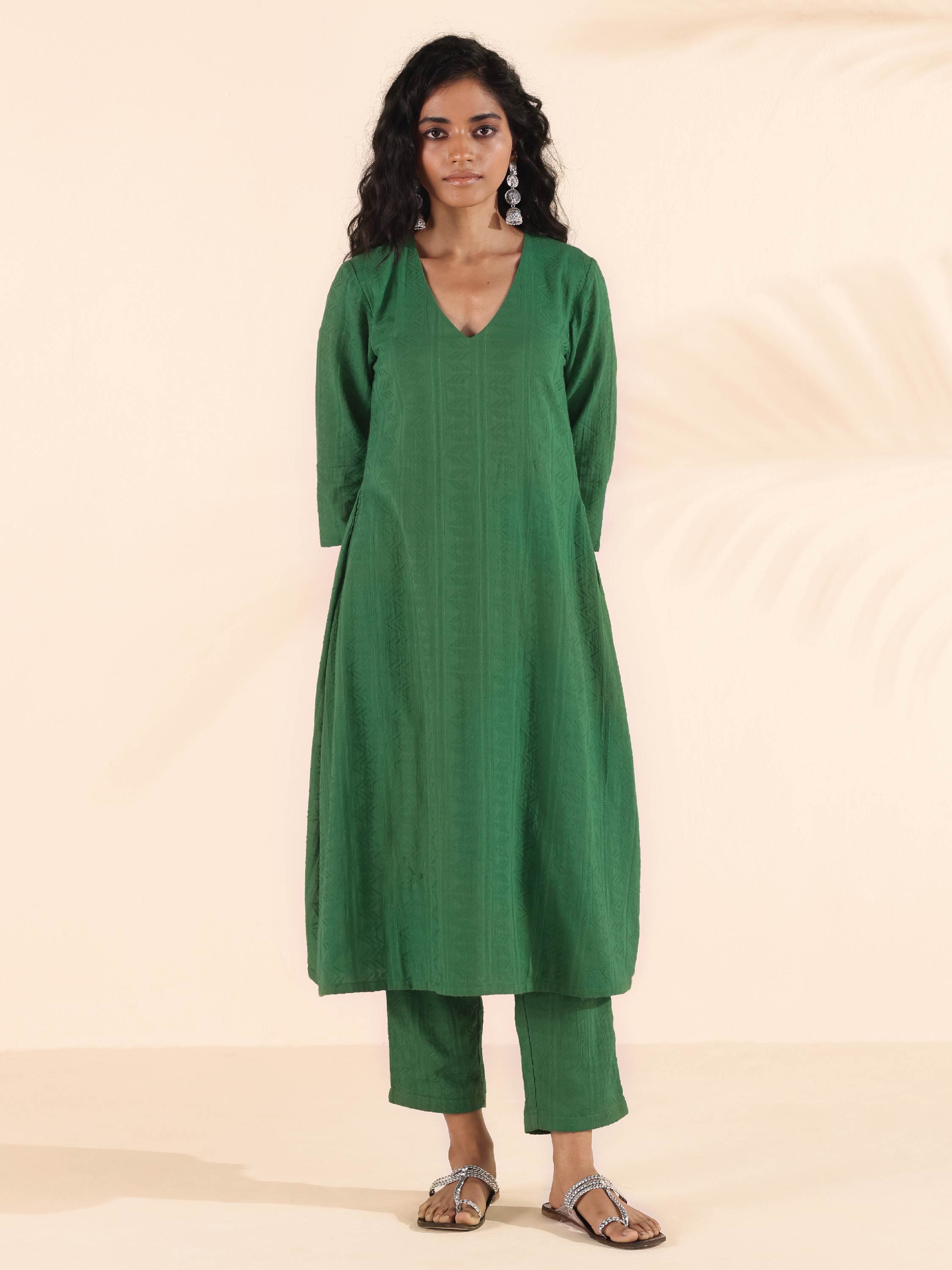 trueBrowns Green Cotton Dobby Kurta Pant Set - Distacart