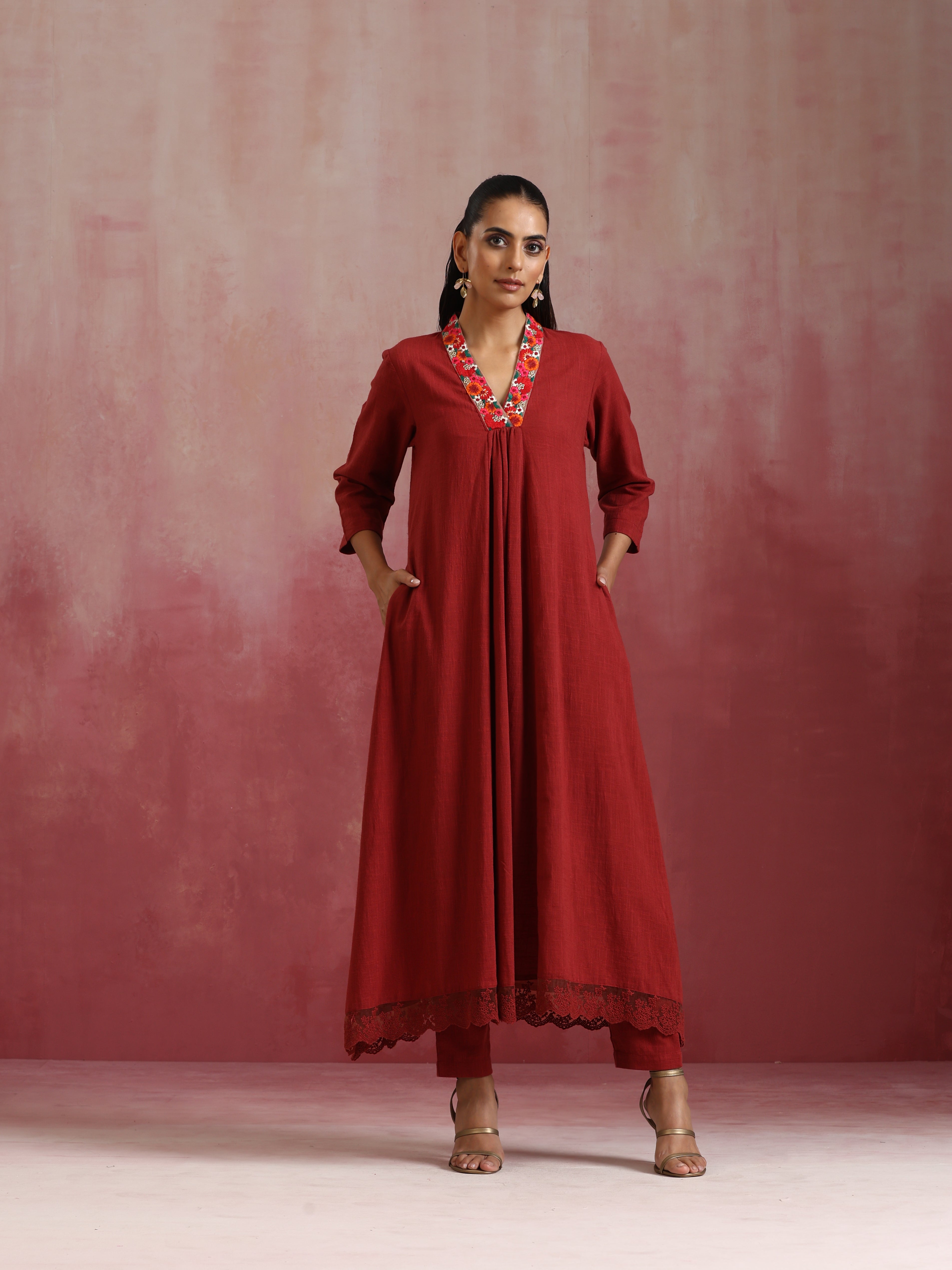 trueBrowns Maroon Cotton Dobby Kurta Set - Distacart