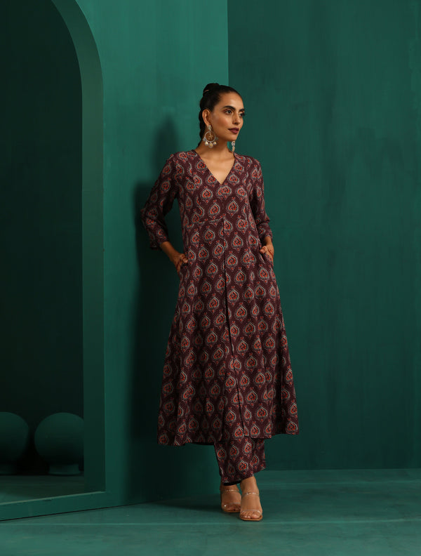trueBrowns Deep Purple Paan Muslin Silk Printed Front Slit Kurta Pant Set - Distacart