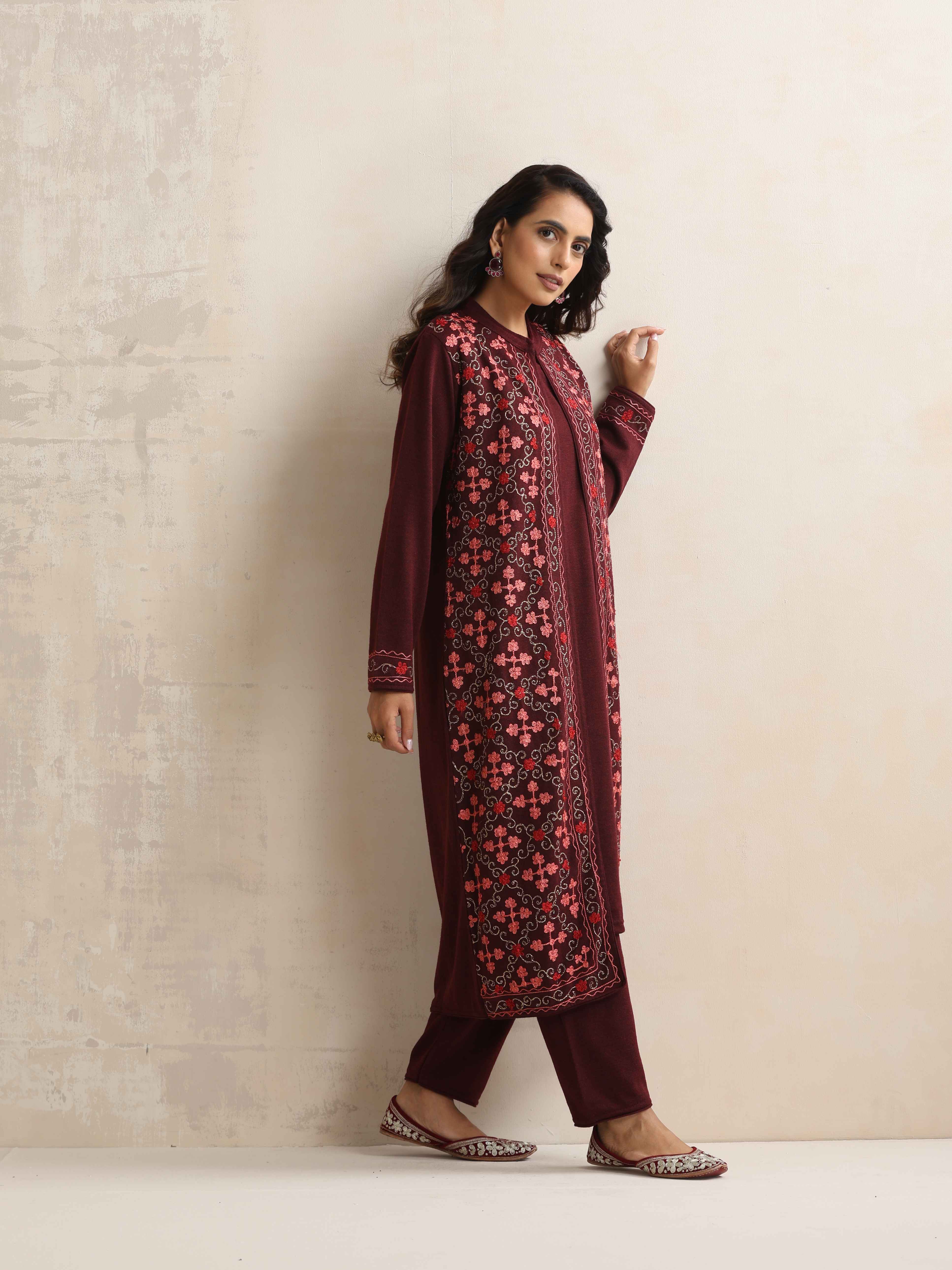 trueBrowns Purple Kashmiri Woollen Jacket 3pc Set - Distacart