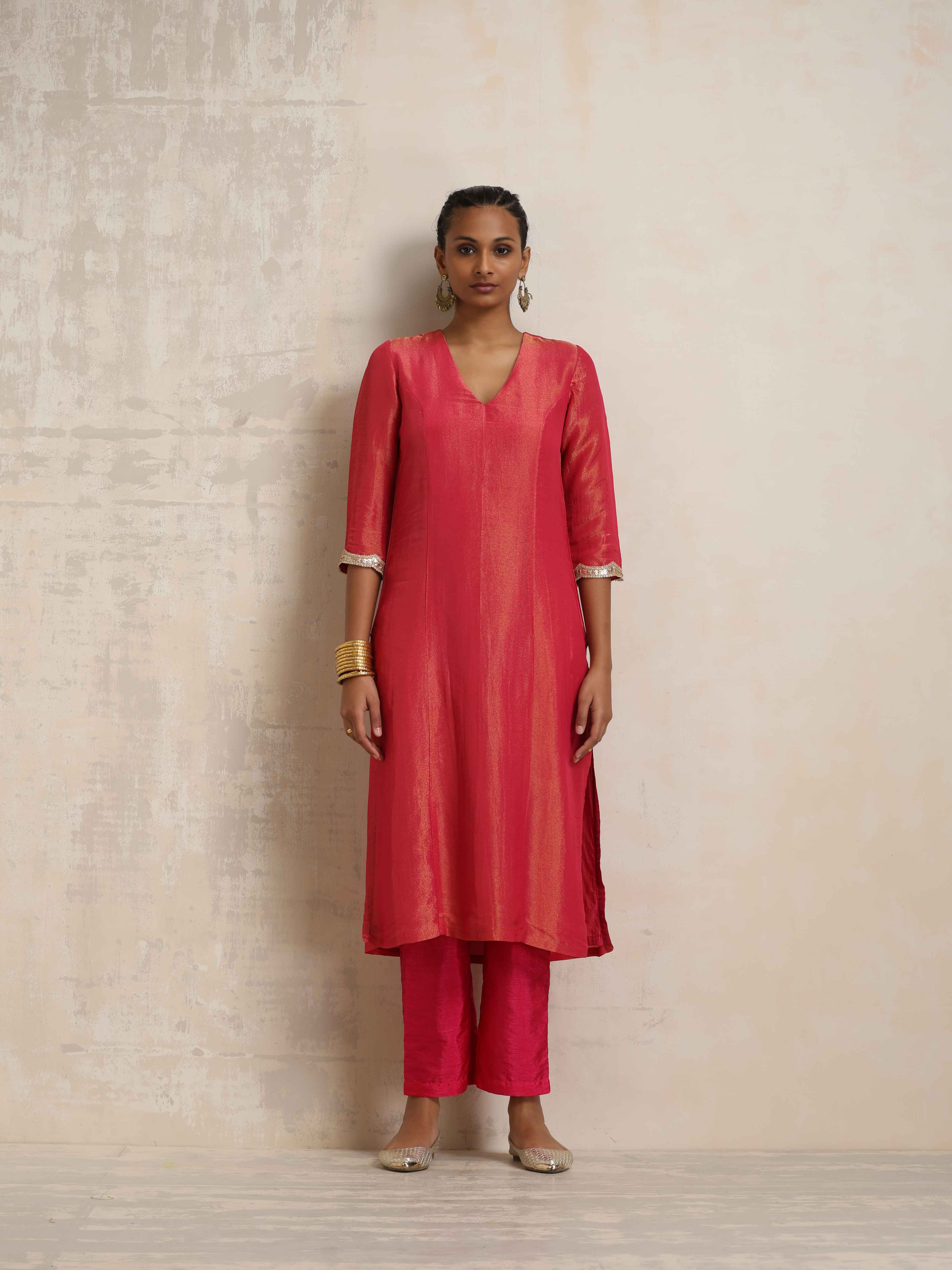 trueBrowns Hot Pink Tissue Straight Kurta Set - Distacart