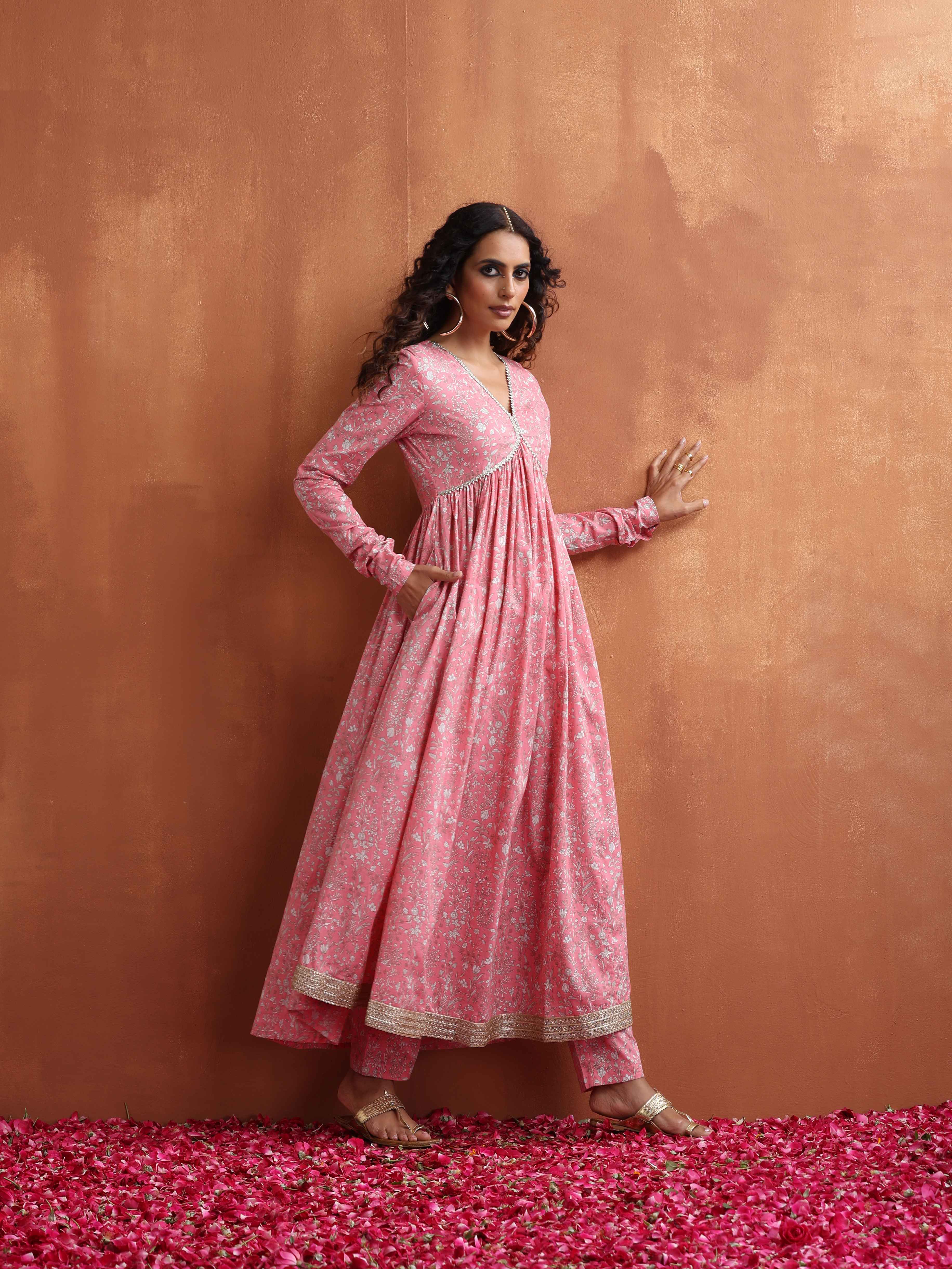 trueBrowns Pink Print Flared Anarkali Kurta Set - Distacart