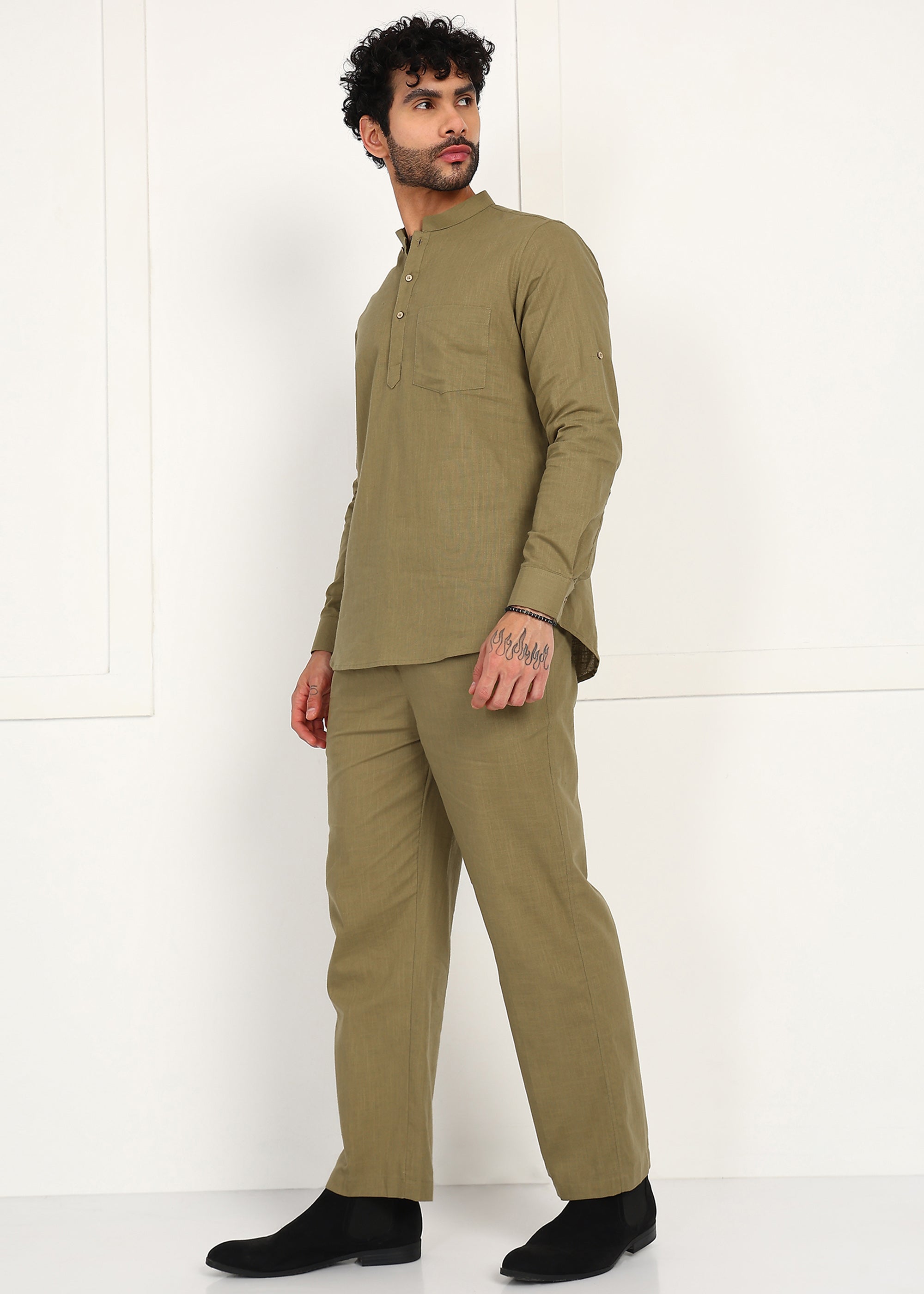 Fabmade Olive Dune Linen Short Kurta Co-Ord Set - Distacart