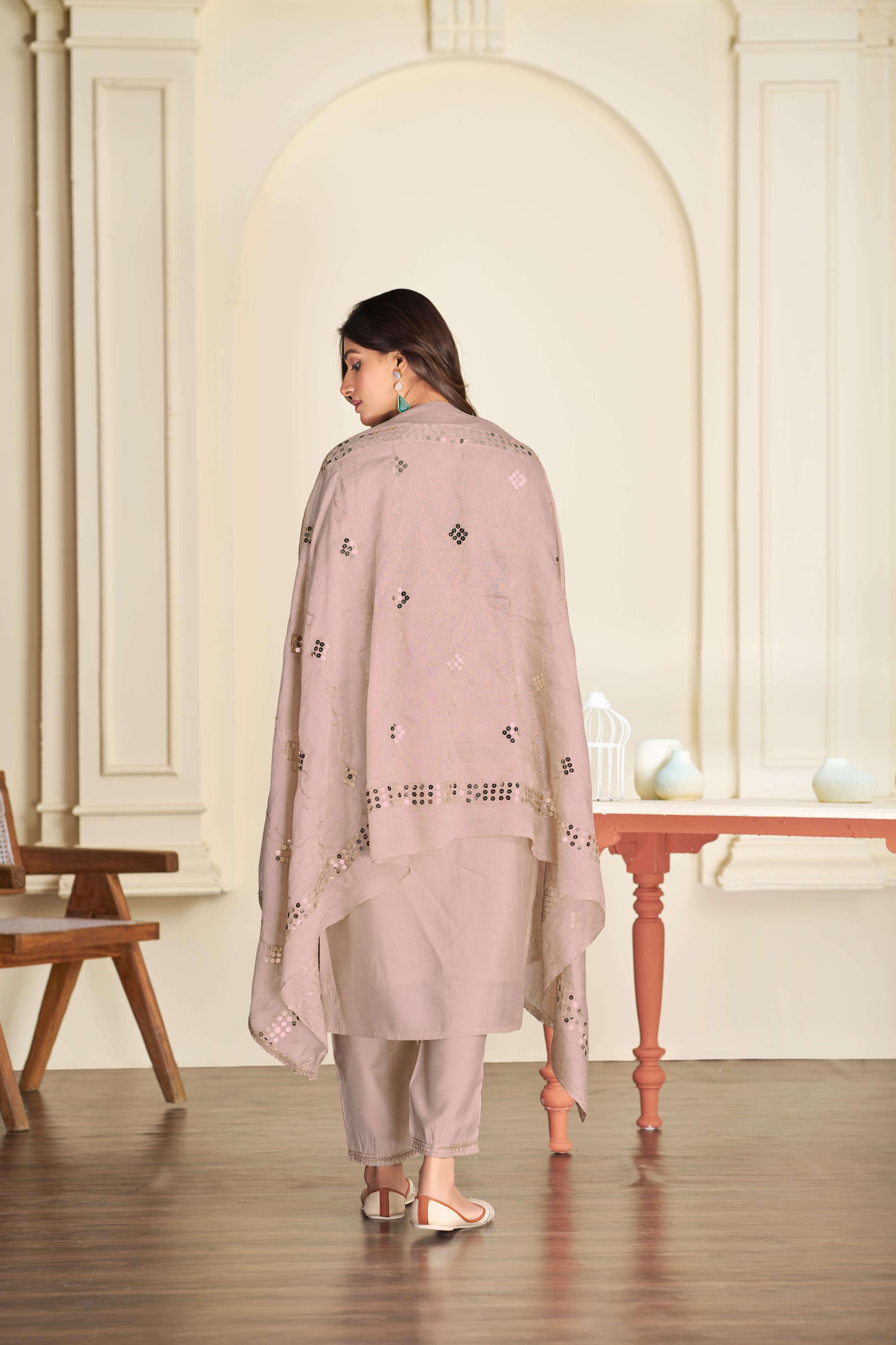 BulBul Prachi Silk Beige Kurta Set with Dupatta