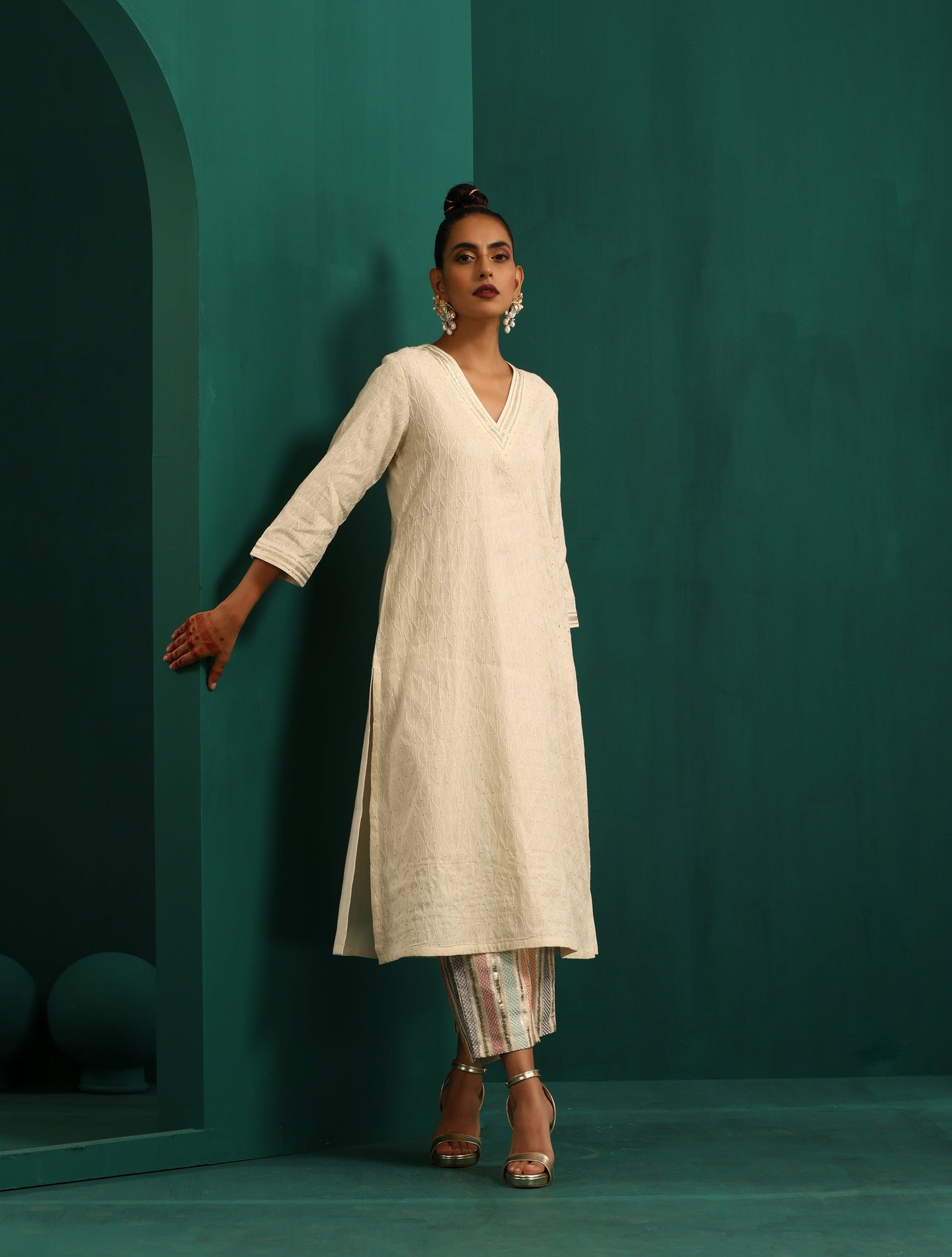 trueBrowns Ivory Tonal Cotton Kurta with Embroidered Pants - Distacart