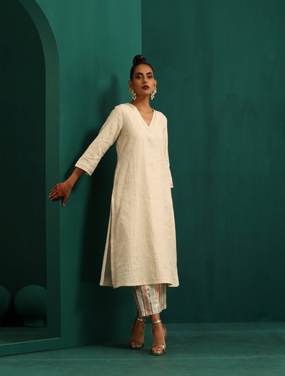 trueBrowns Ivory Tonal Cotton Kurta with Embroidered Pants - Distacart