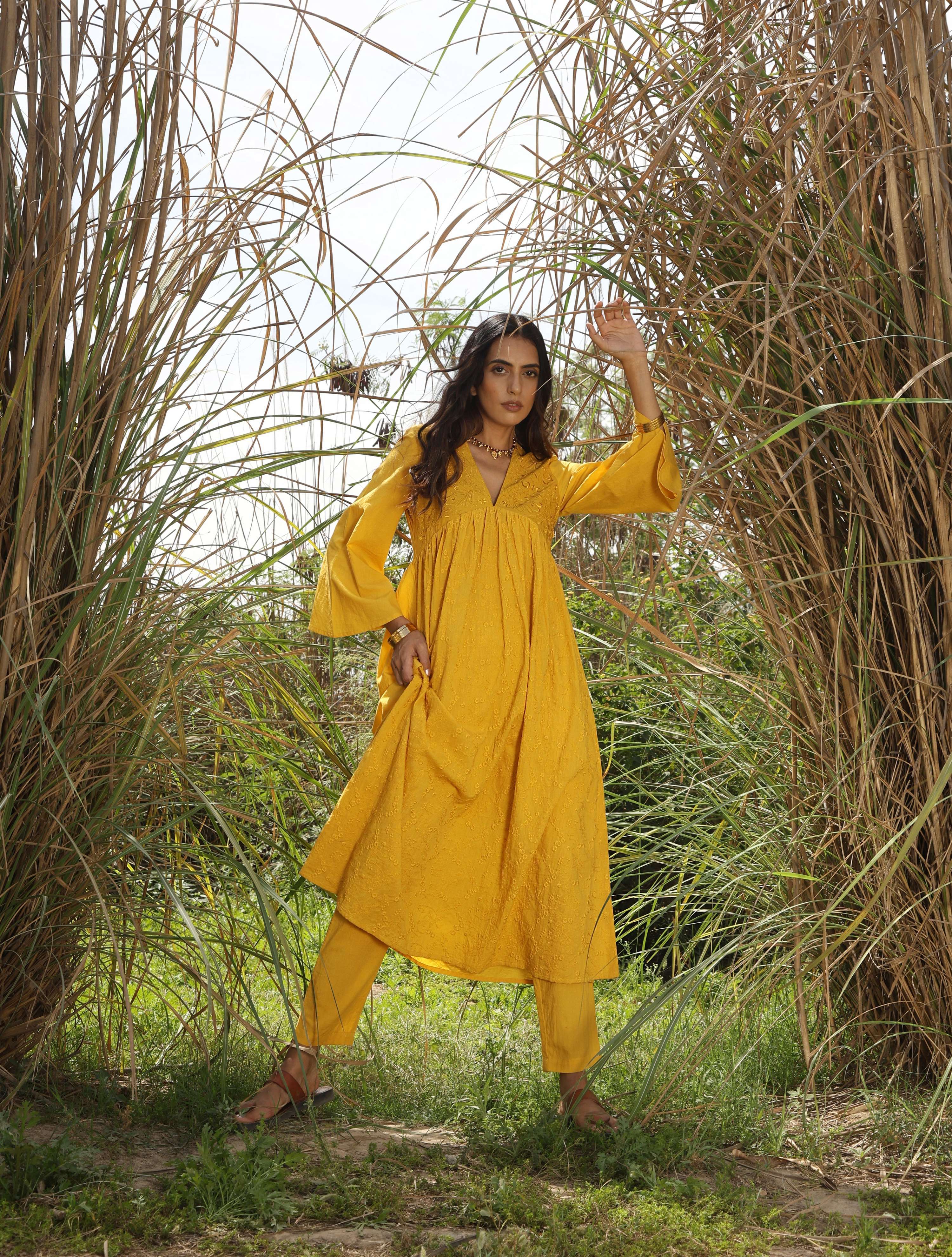 trueBrowns Mustard Cotton Embroidered Flared Kurta Set - Distacart