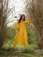 Thumbnail for trueBrowns Mustard Cotton Embroidered Flared Kurta Set
