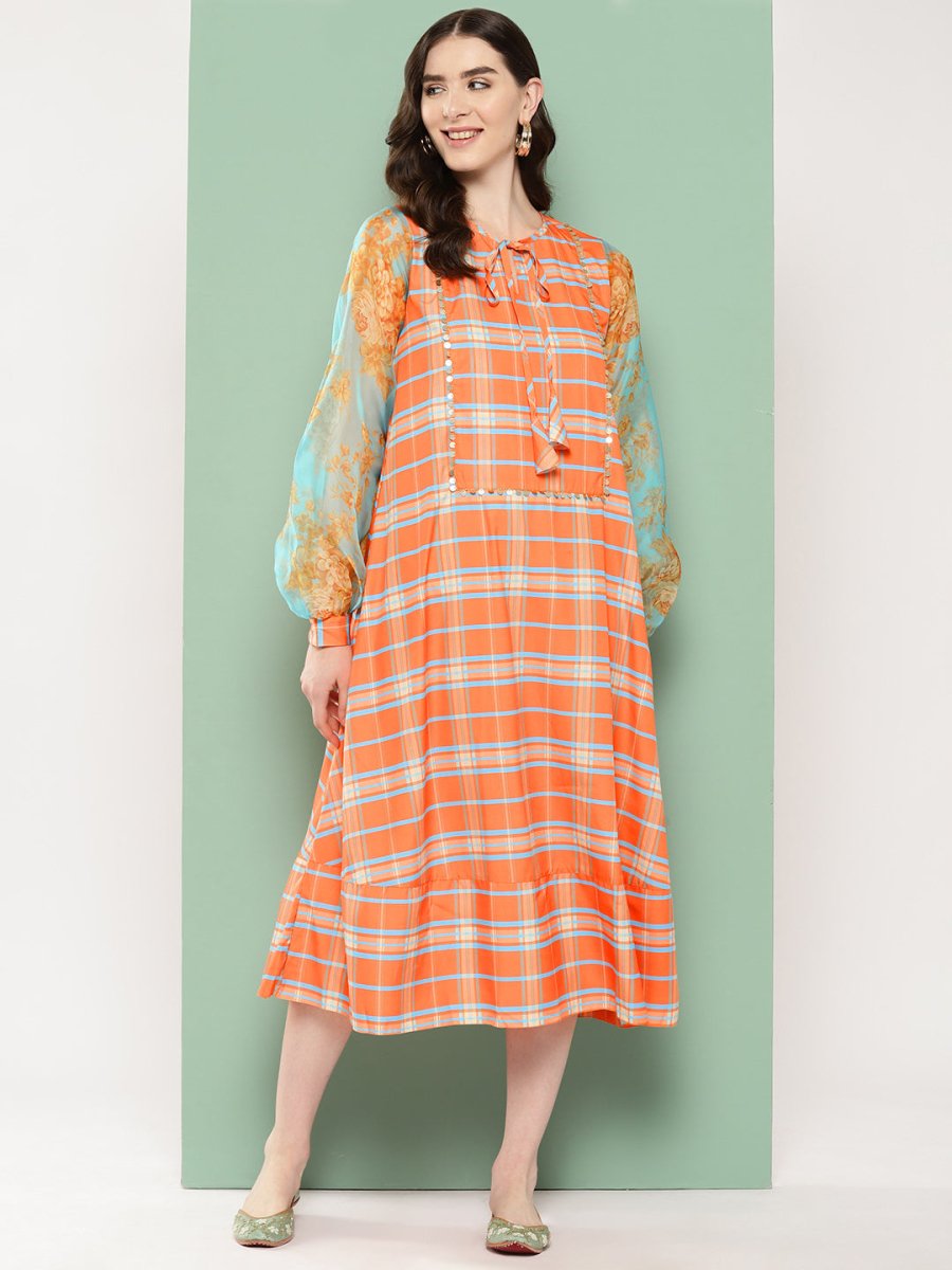 Ahalyaa Checked Tie-Up Neck Sequined Ethnic A-Line Midi Dress - Distacart