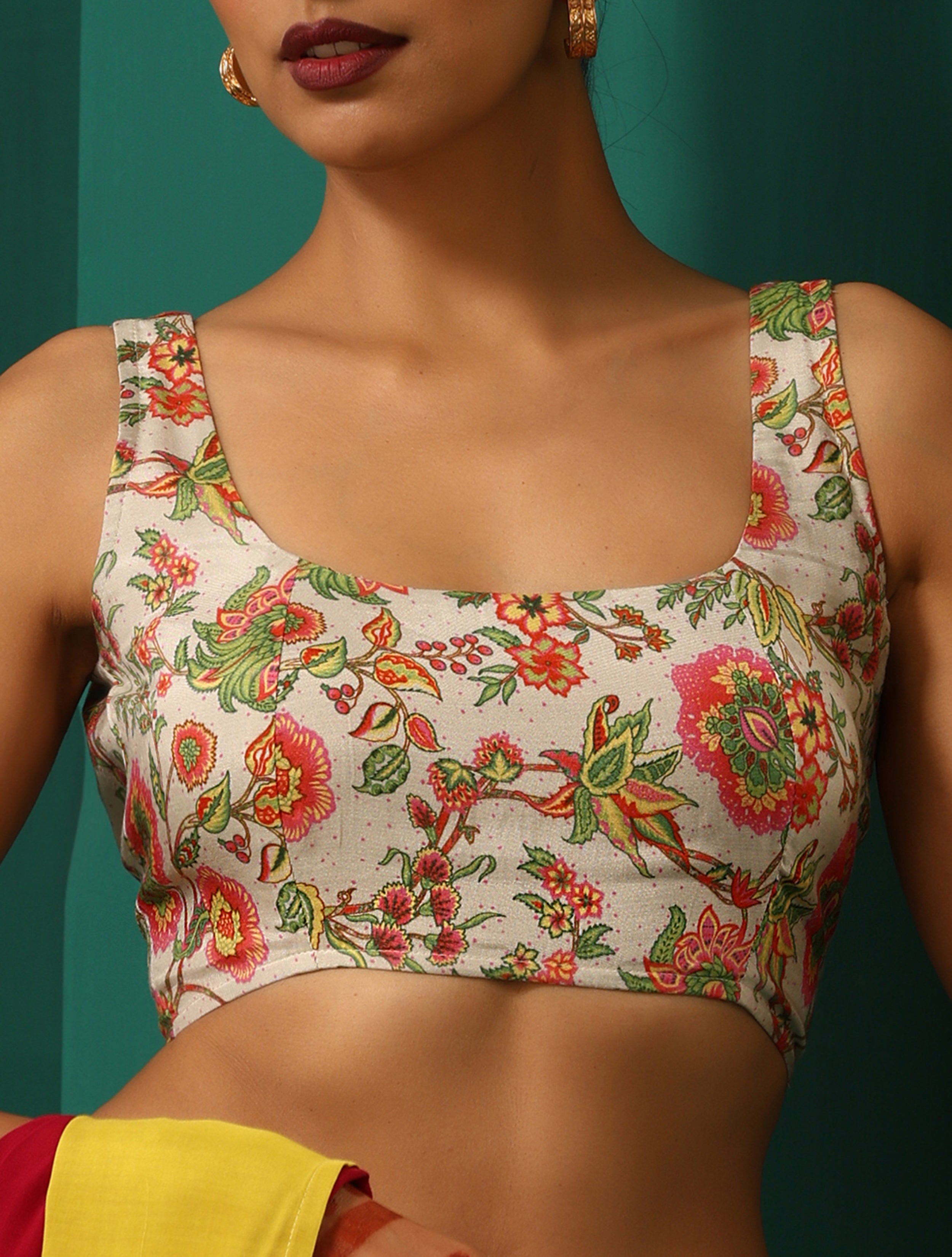 trueBrowns Off White Muslin Silk Floral Jaal Printed Scoop Neck Sleeveless Blouse - Distacart