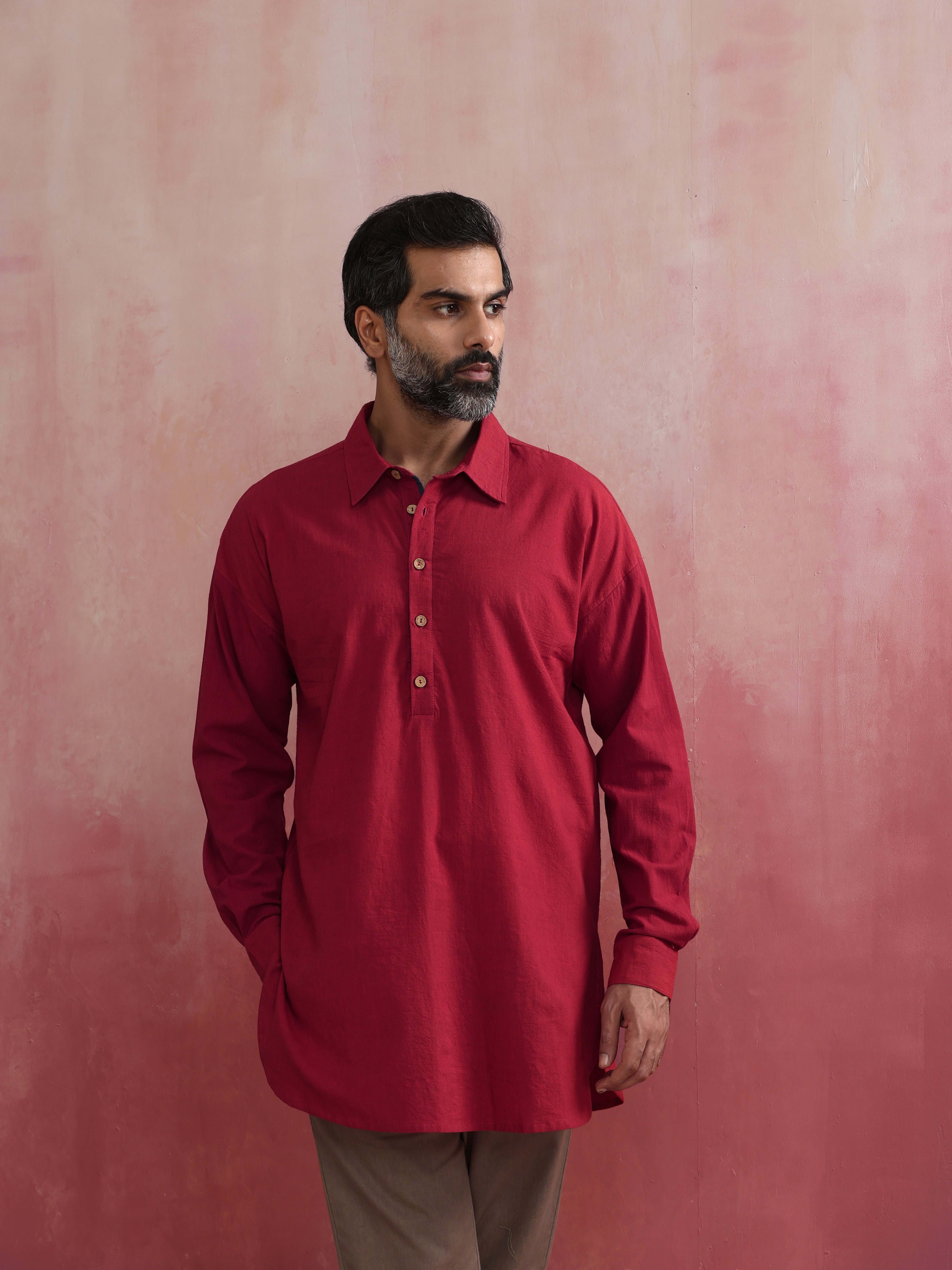 trueBrowns Men's Maroon Cotton Shirt Collar Stylized Kurta - Distacart