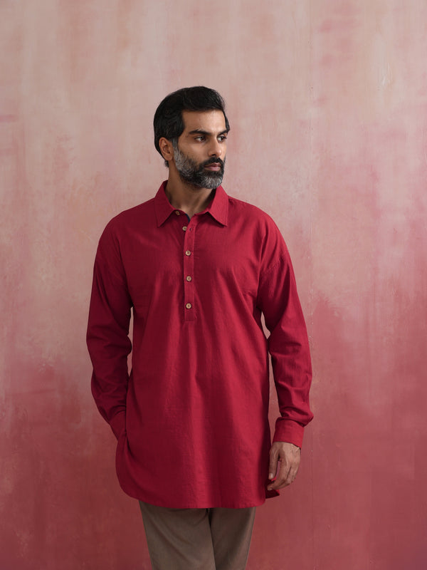trueBrowns Men's Maroon Cotton Shirt Collar Stylized Kurta - Distacart