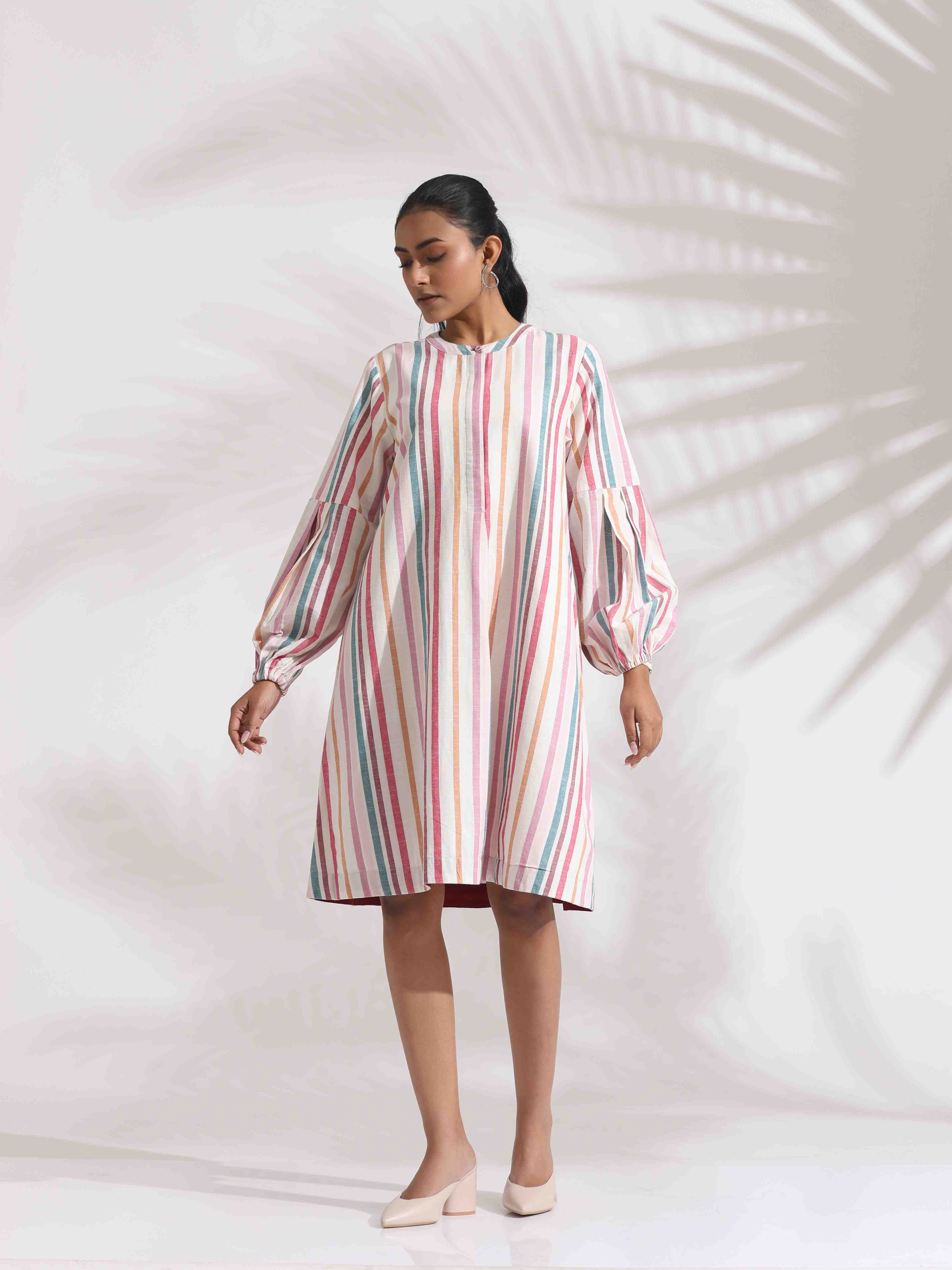 trueBrowns Off-White Cotton Multi Stripe Short Dress - Distacart