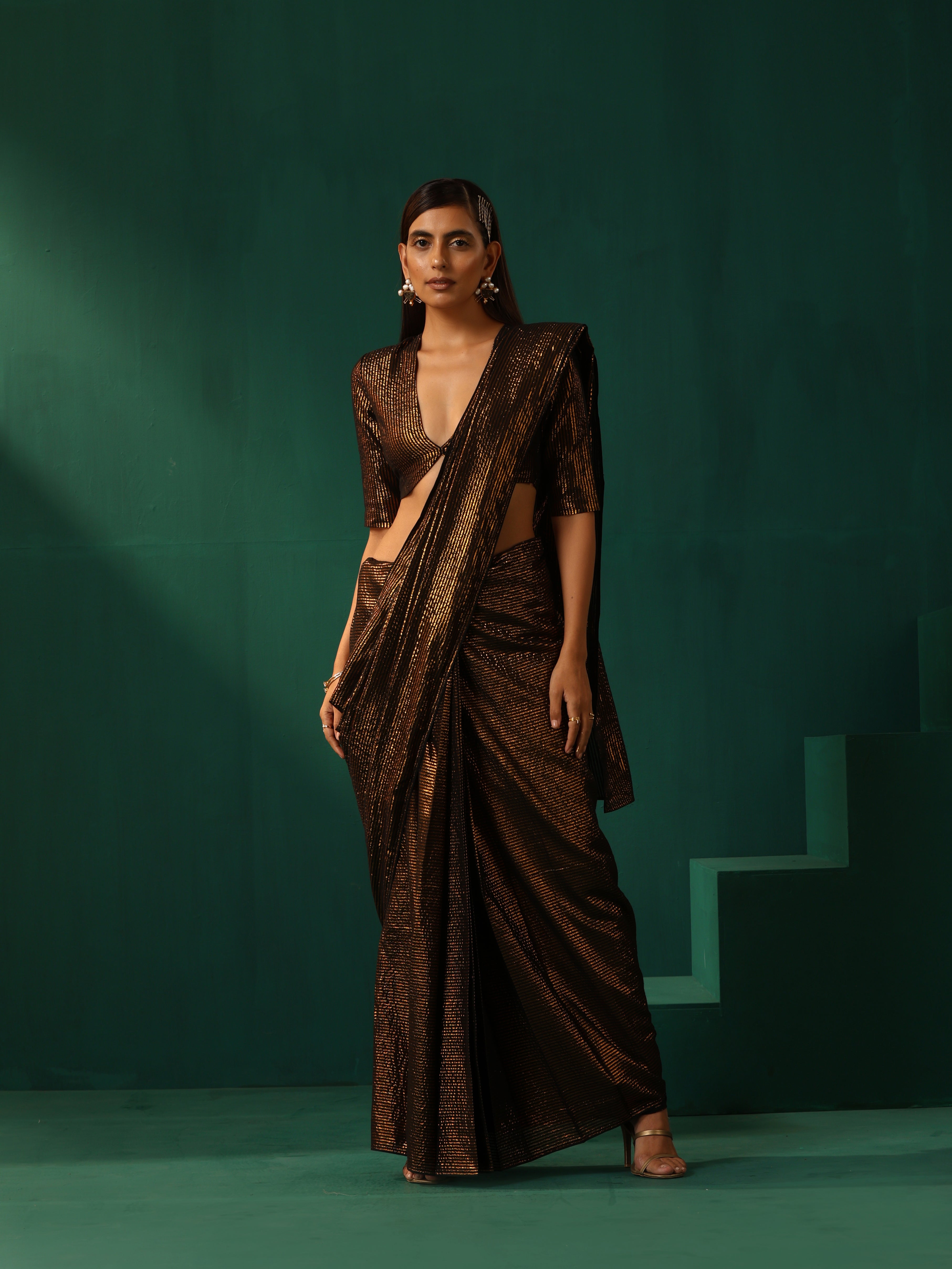 trueBrowns Black Cotton Gold Lurex Striped Ready to Wear Saree - Distacart